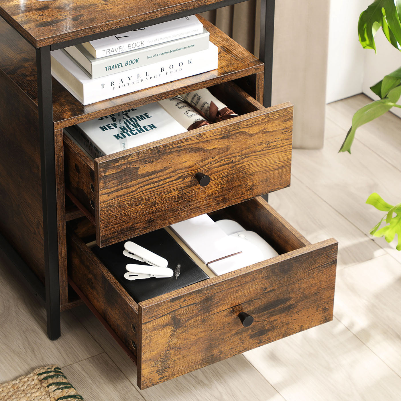 Nightstand - Wood - Rustic Brown and Black - Open Shelf and 2 Drawers