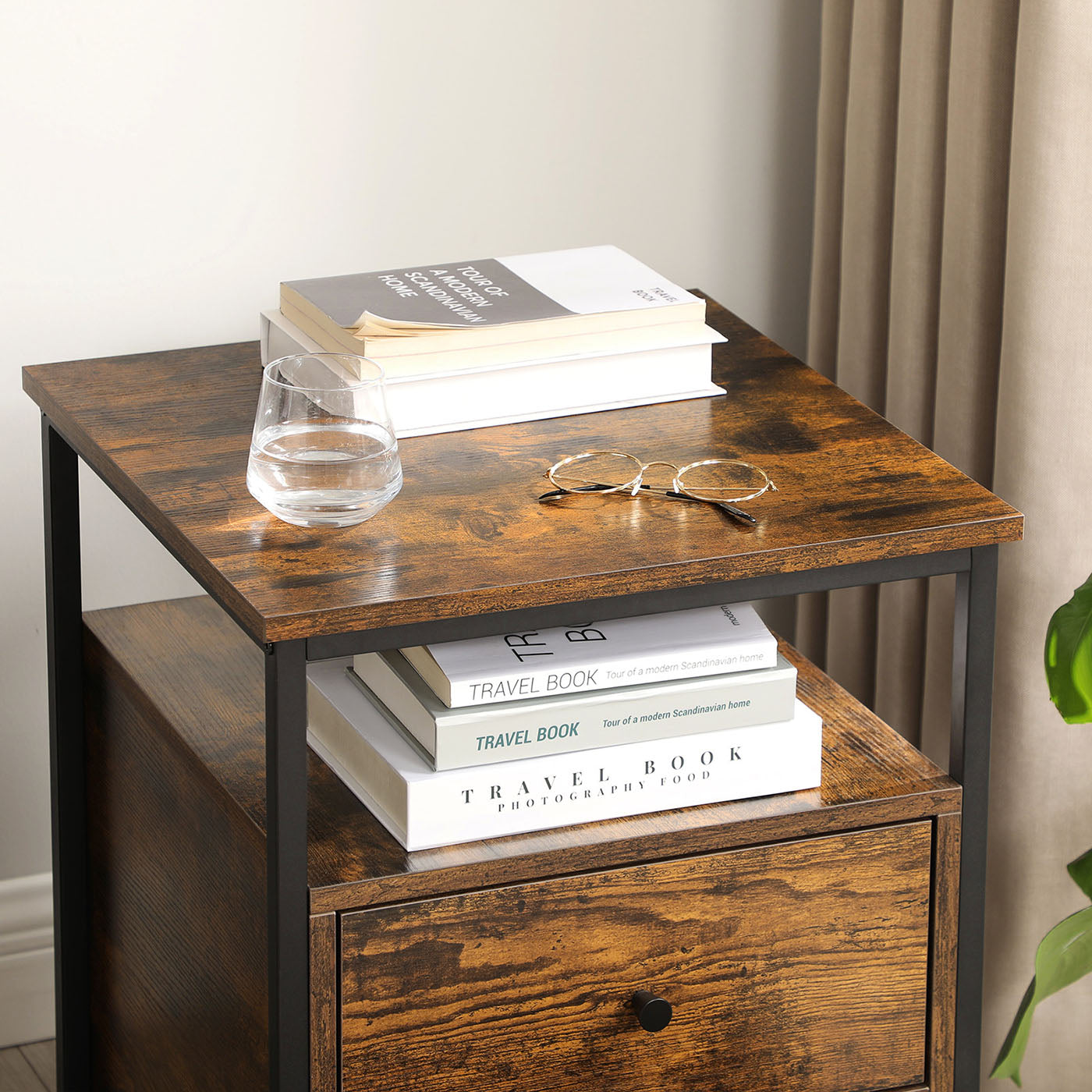 Nightstand - Wood - Rustic Brown and Black - Open Shelf and 2 Drawers