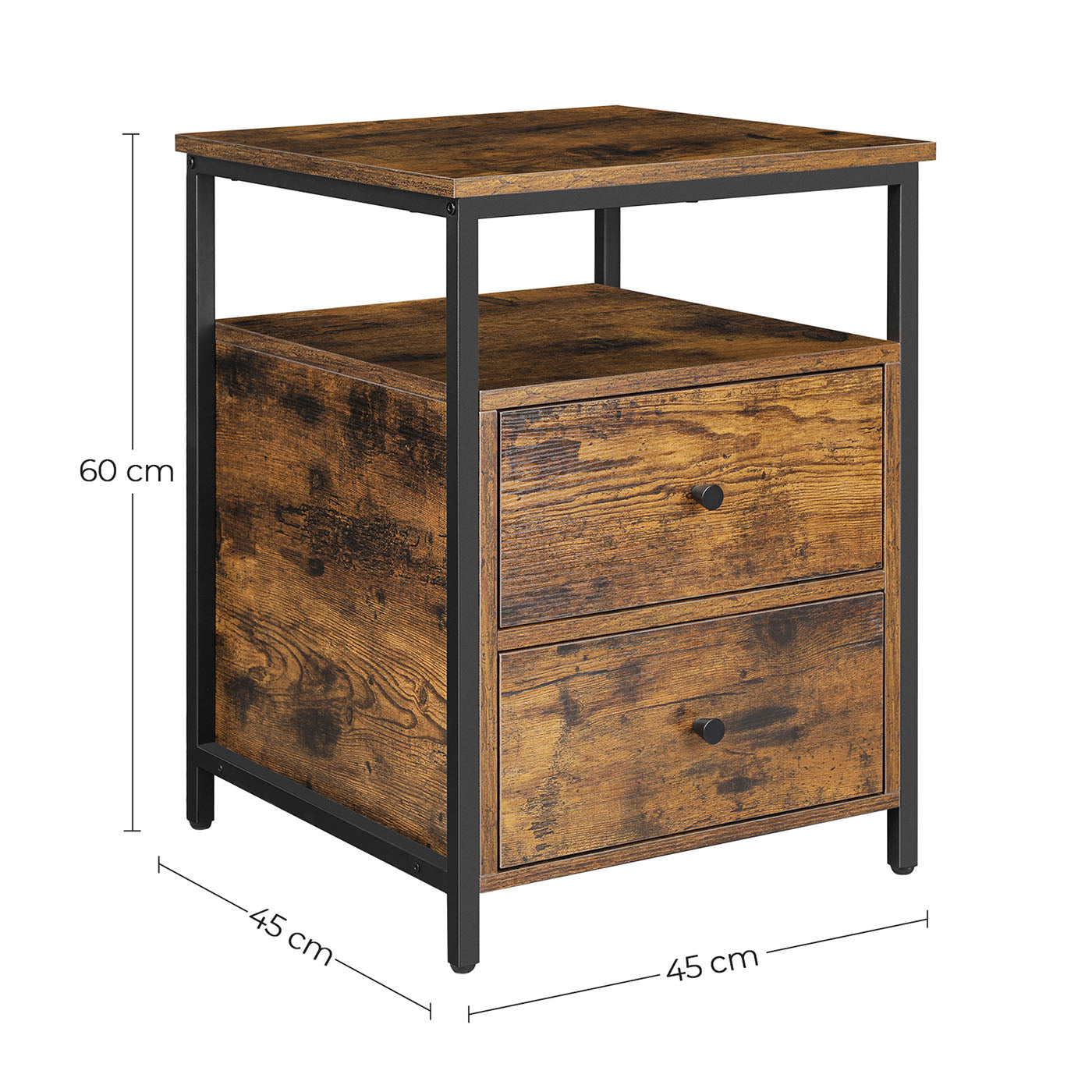 Nightstand - Wood - Rustic Brown and Black - Open Shelf and 2 Drawers