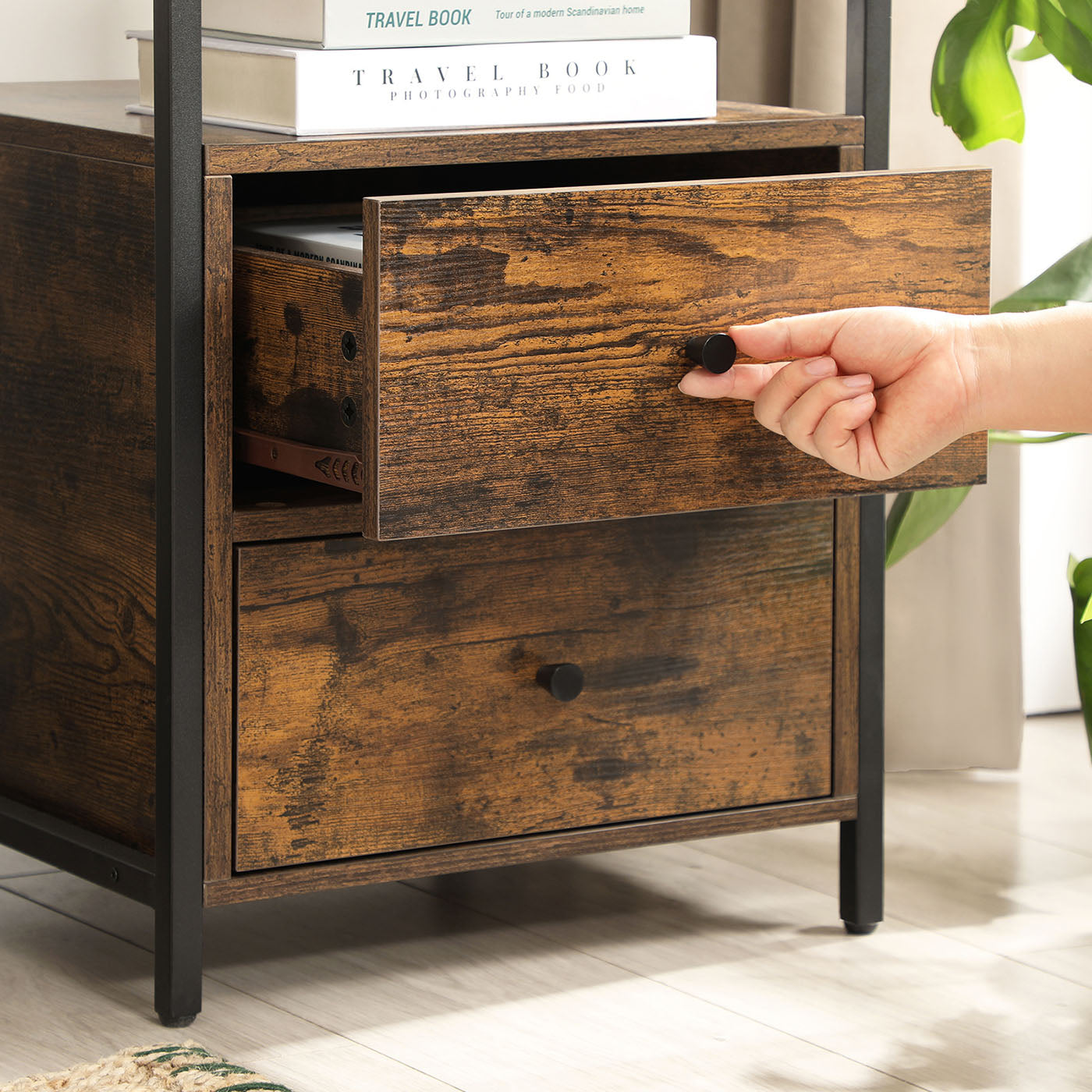Nightstand - Wood - Rustic Brown and Black - Open Shelf and 2 Drawers