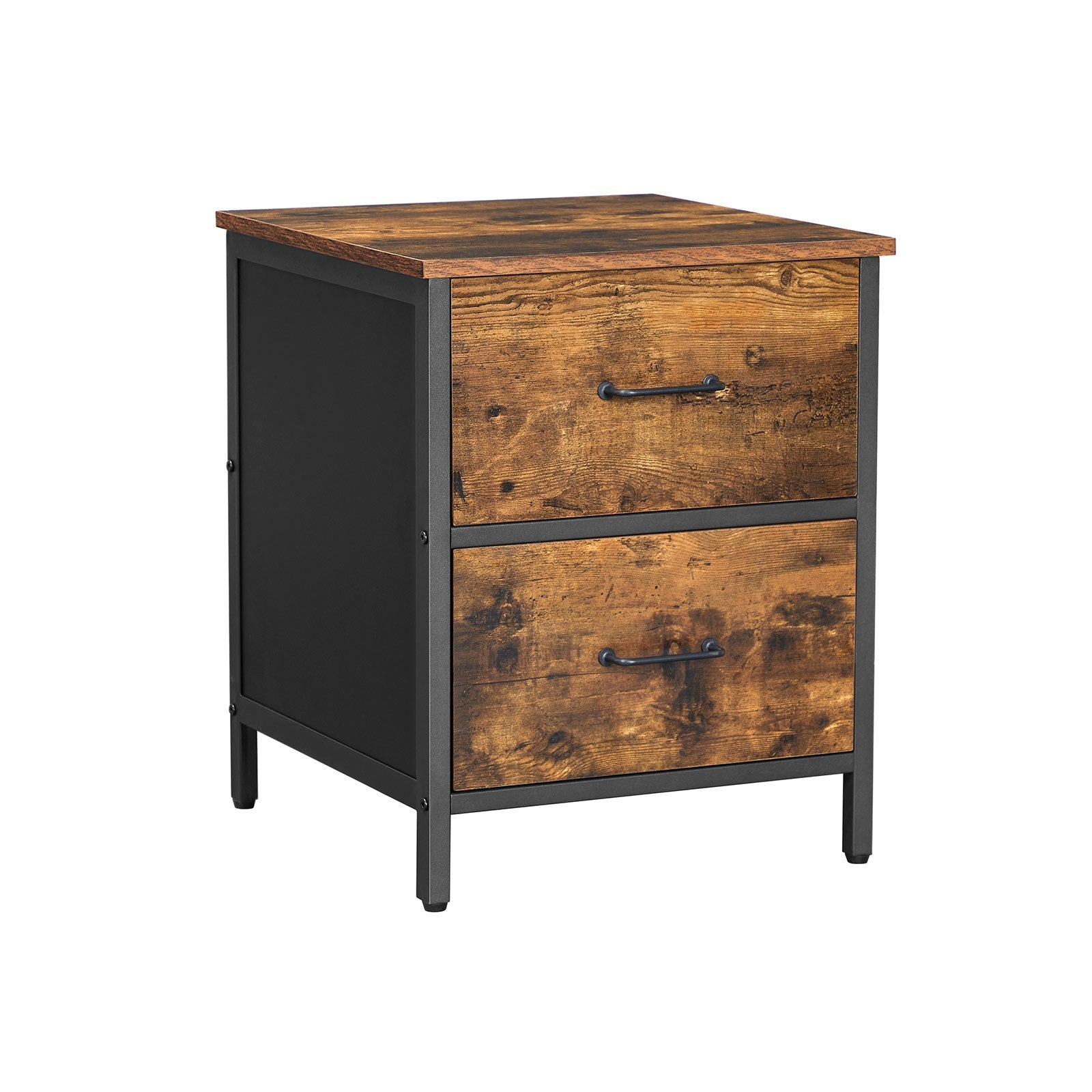 Side Table - 2 Drawers - Steel Frame - Rustic Brown and Black