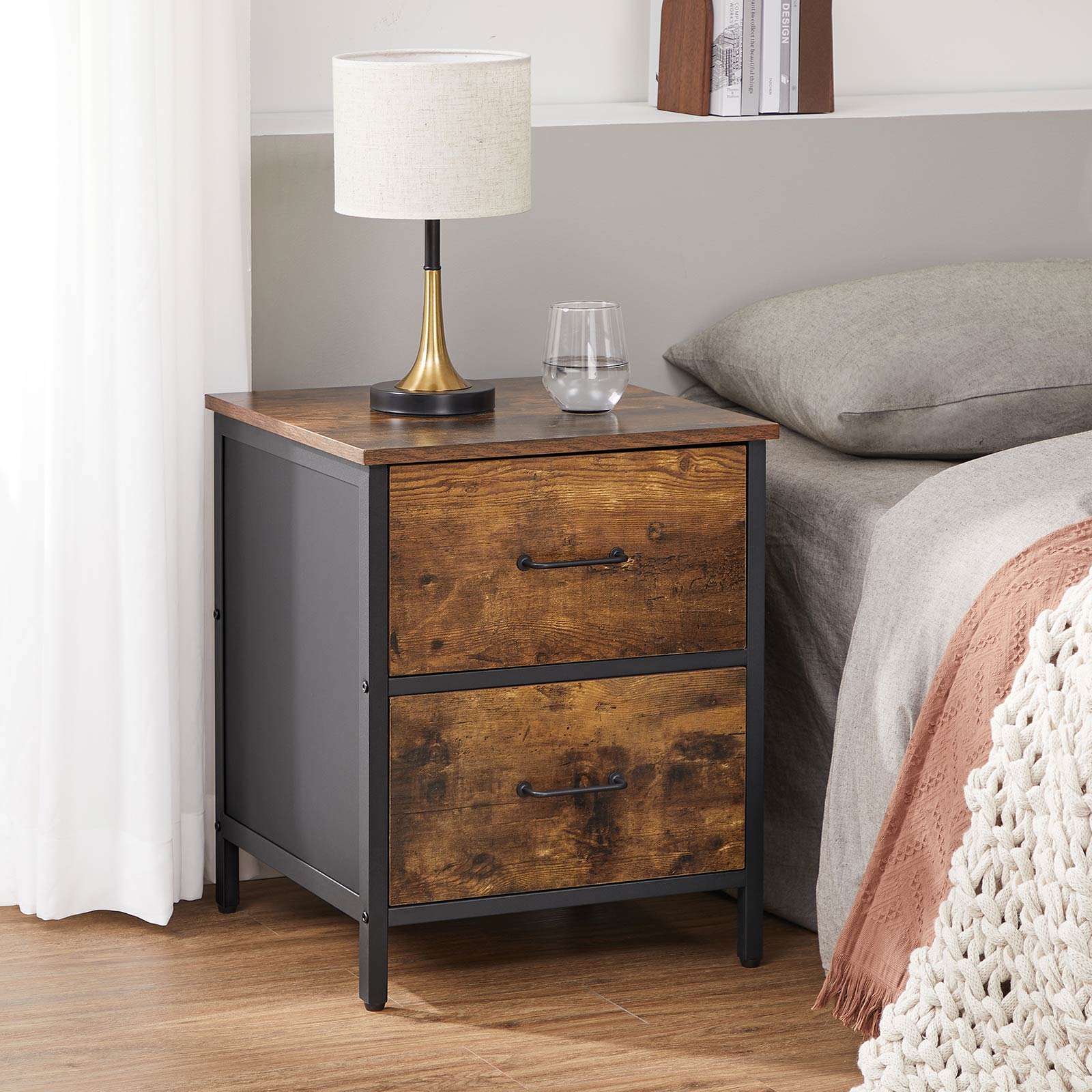 Side Table - 2 Drawers - Steel Frame - Rustic Brown and Black