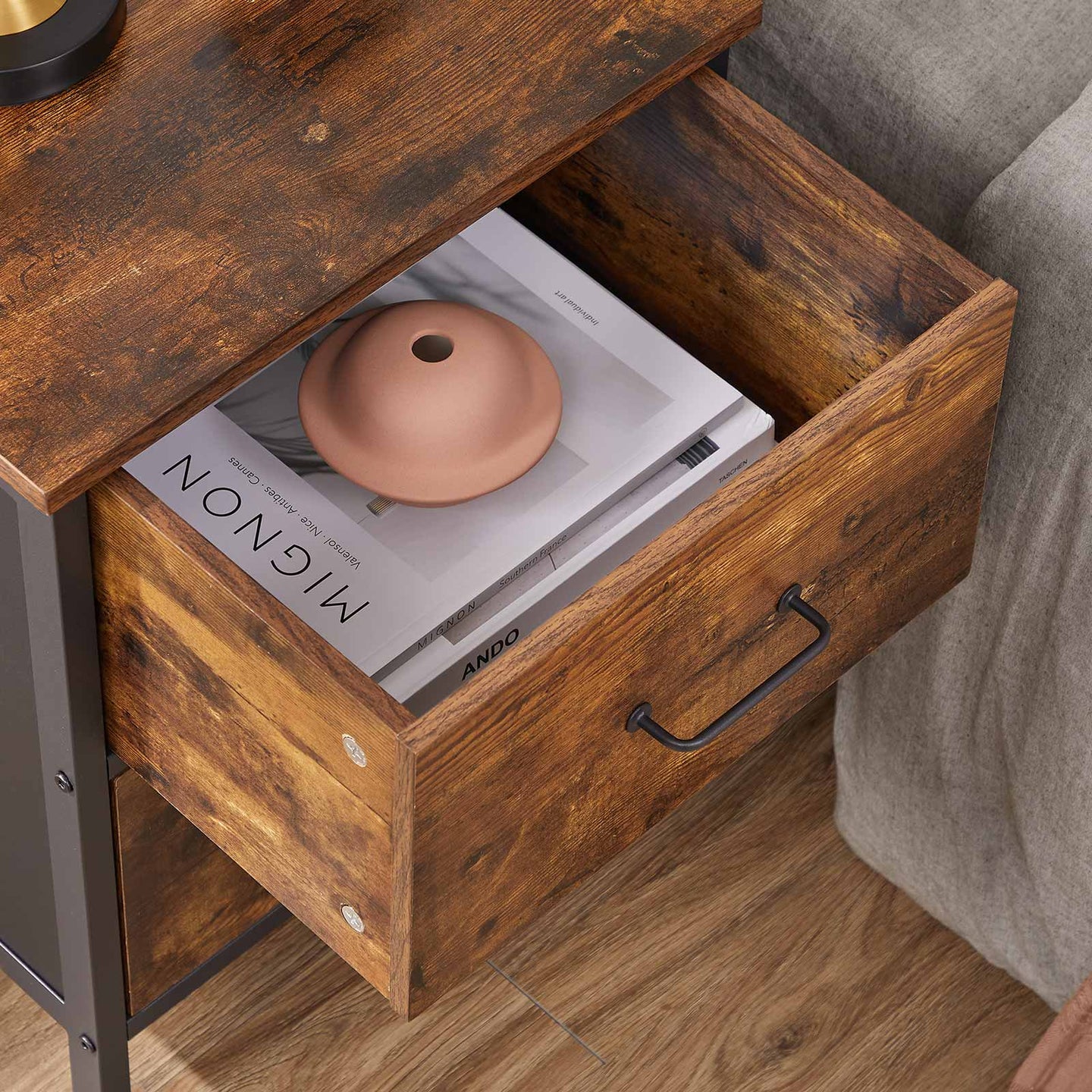 Side Table - 2 Drawers - Steel Frame - Rustic Brown and Black