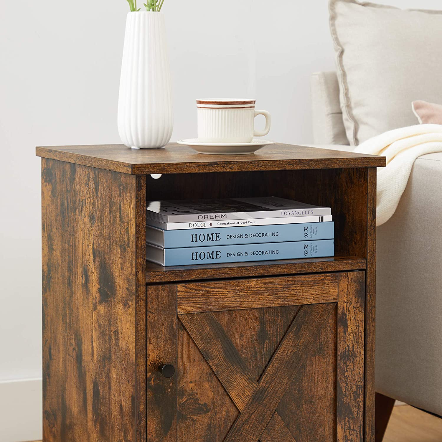 Rustic Brown Bedside Table - MDF - Brown - With Cabinet