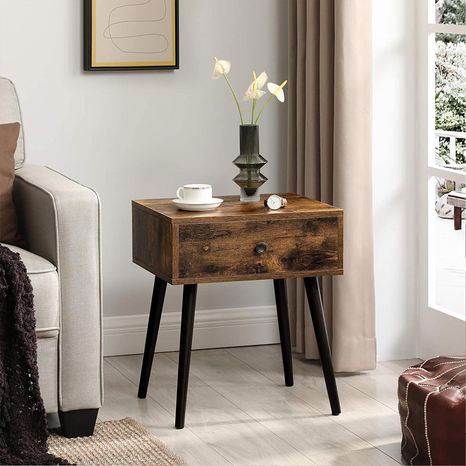 Wooden Nightstand - Rustic Brown - Retro Style