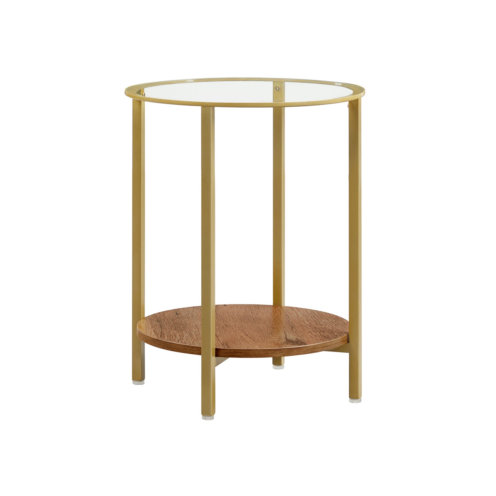Round Side Table - Two-Tier Design - Tempered Glass - Hazelnut Brown and Gold
