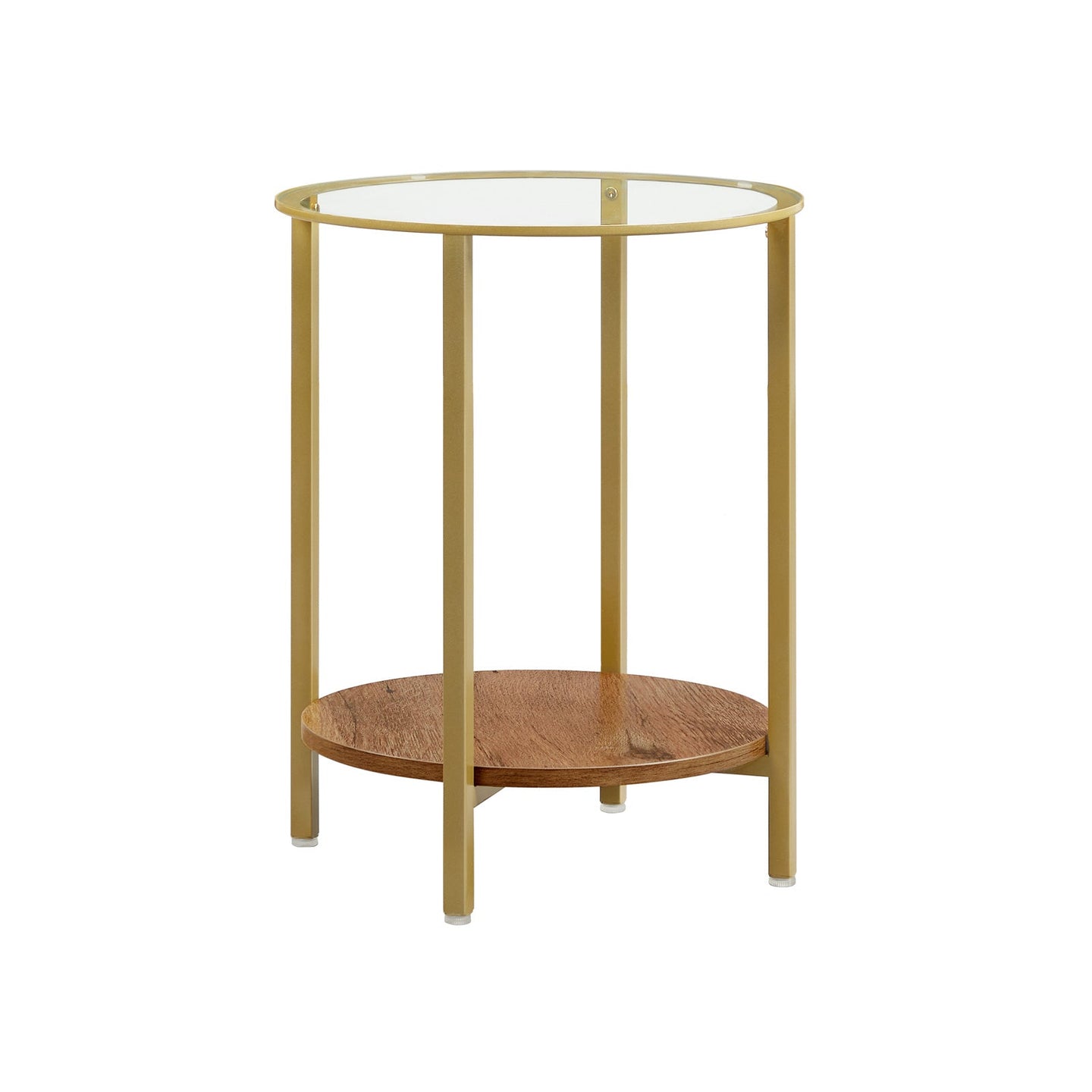 Round Side Table - Two-Tier Design - Tempered Glass - Hazelnut Brown and Gold