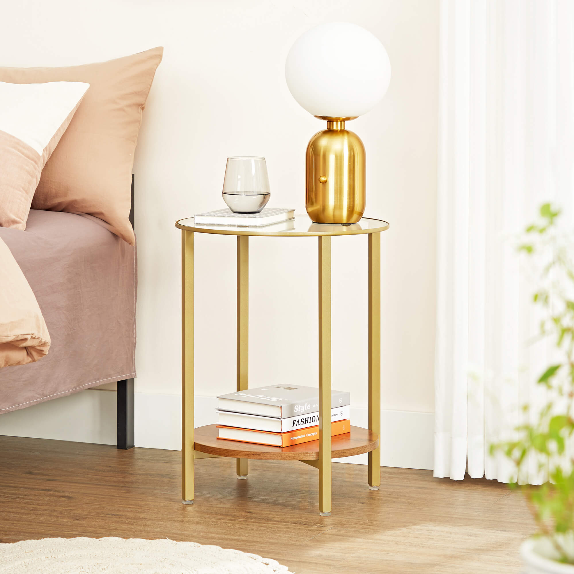 Round Side Table - Two-Tier Design - Tempered Glass - Hazelnut Brown and Gold