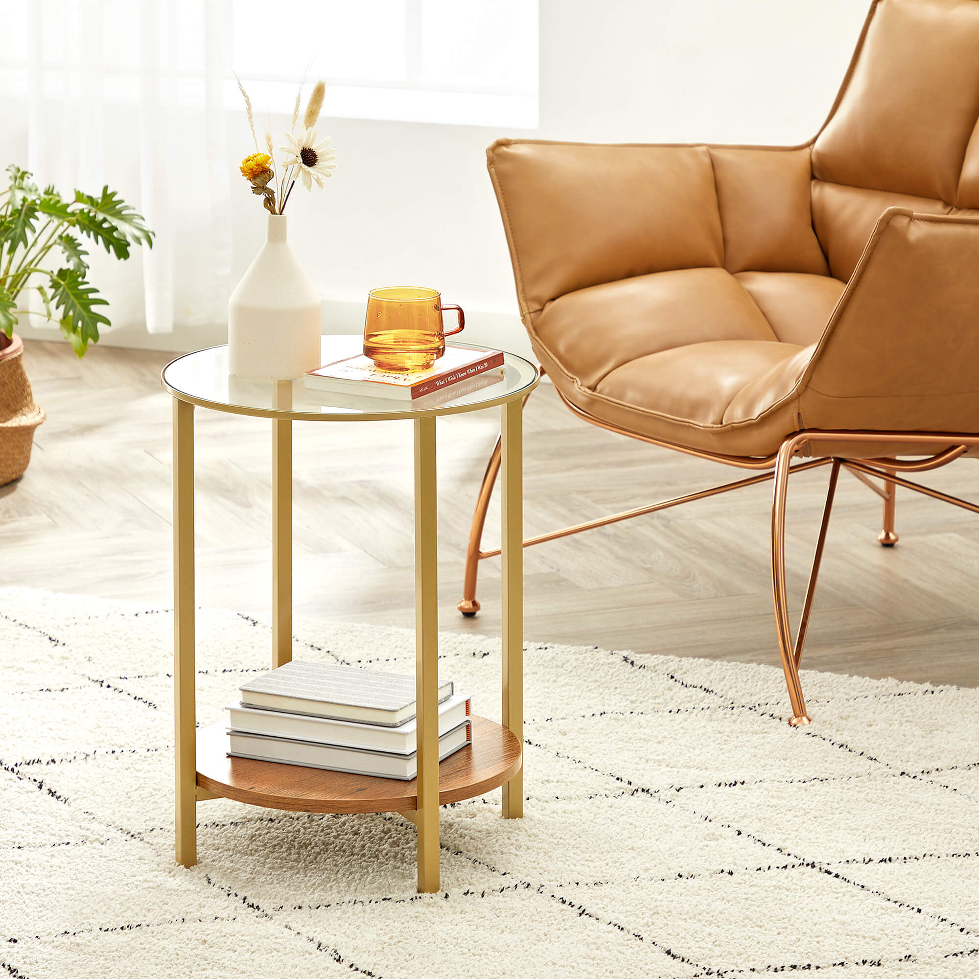 Round Side Table - Two-Tier Design - Tempered Glass - Hazelnut Brown and Gold