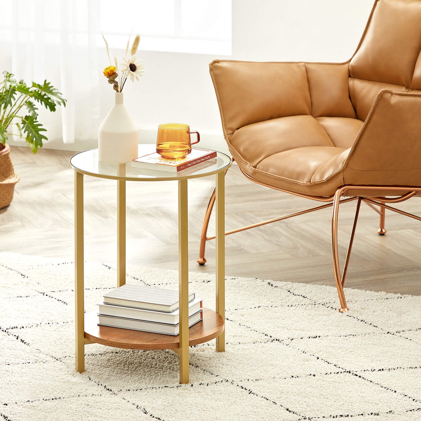Round Side Table - Two-Tier Design - Tempered Glass - Hazelnut Brown and Gold