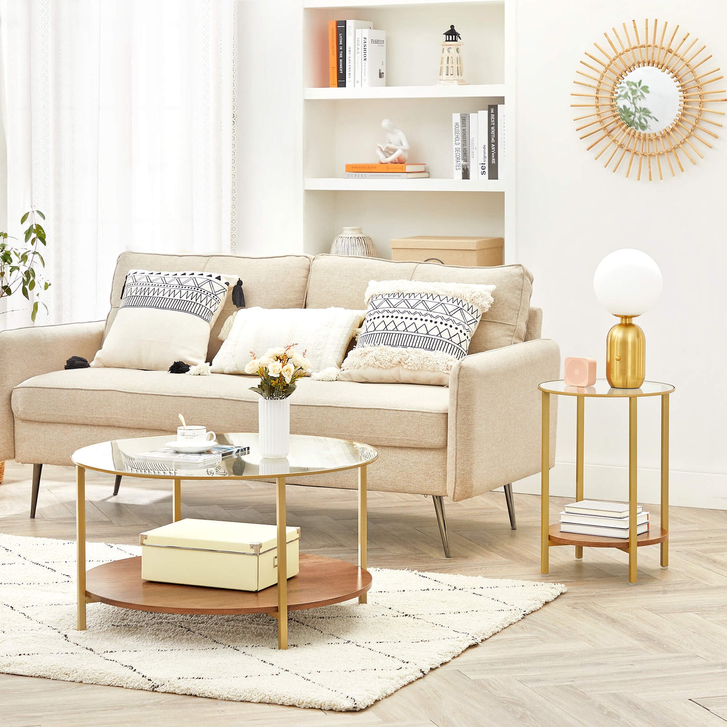 Round Side Table - Two-Tier Design - Tempered Glass - Hazelnut Brown and Gold