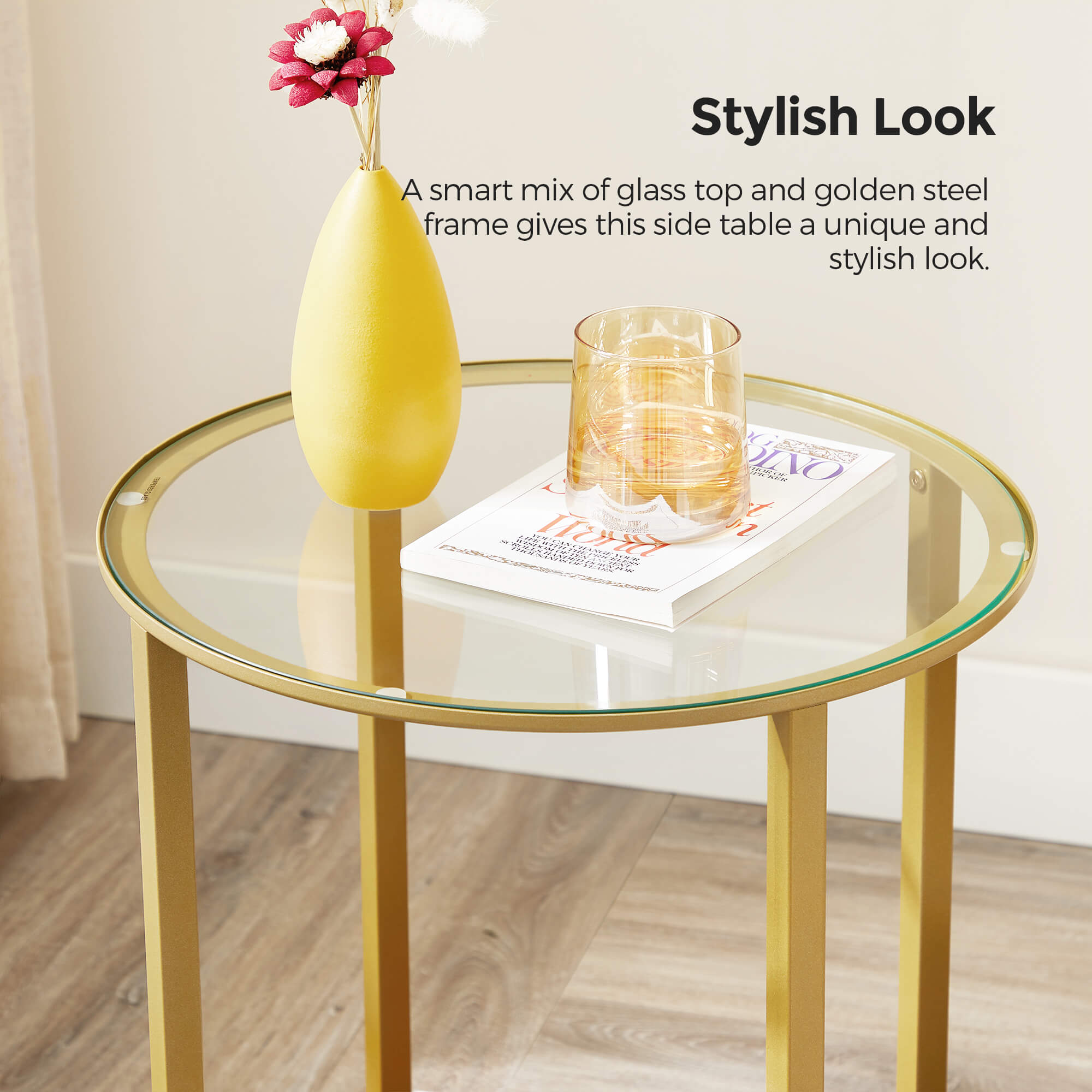 Round Side Table - Two-Tier Design - Tempered Glass - Hazelnut Brown and Gold