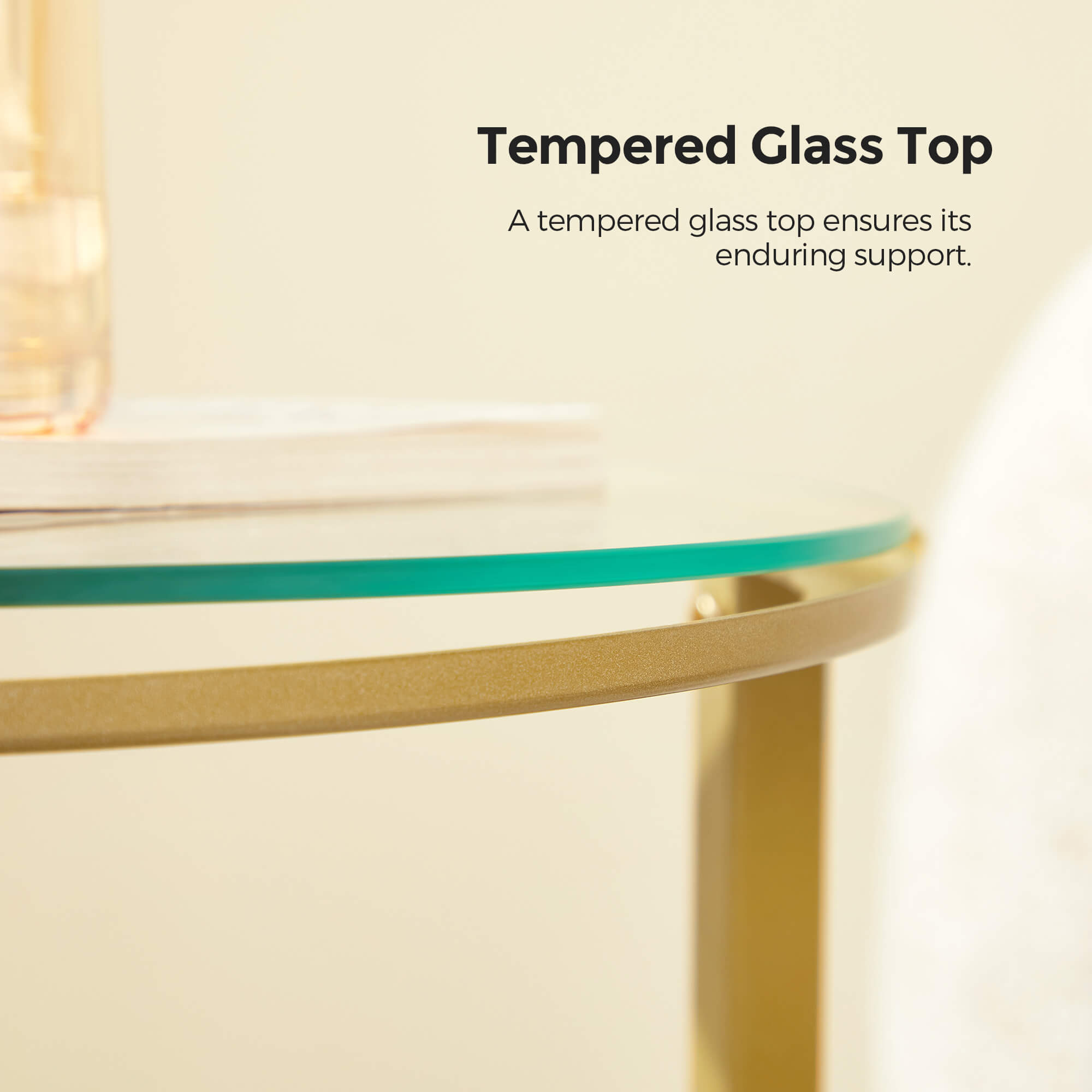 Round Side Table - Two-Tier Design - Tempered Glass - Hazelnut Brown and Gold