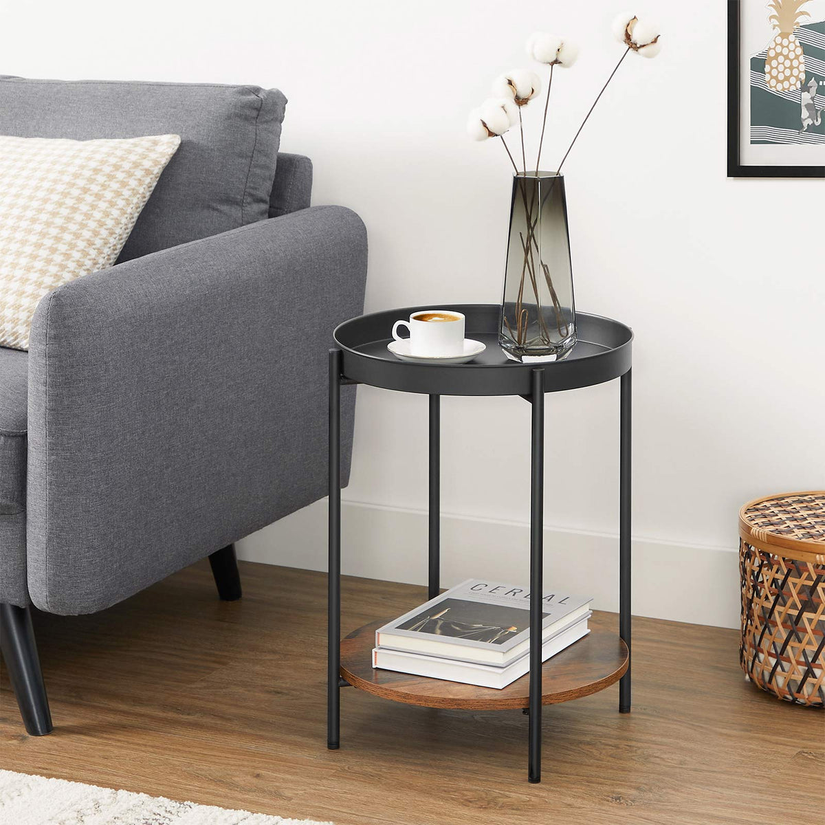 2-Tier Side Table - Steel Frame - Rustic Brown and Black - Movable Tray