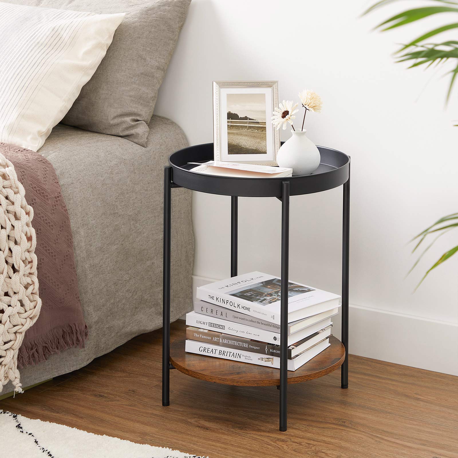 2-Tier Side Table - Steel Frame - Rustic Brown and Black - Movable Tray