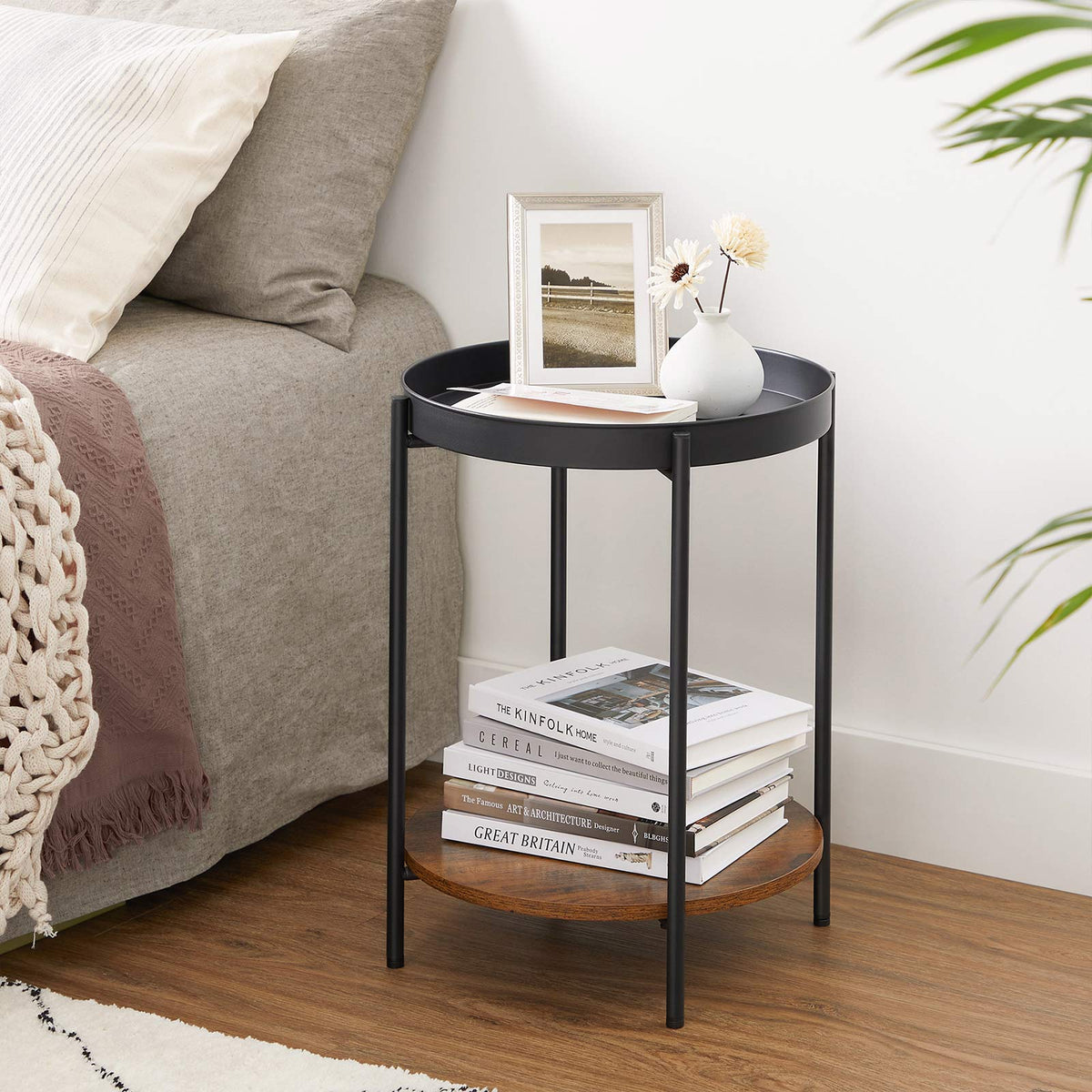 2-Tier Side Table - Steel Frame - Rustic Brown and Black - Movable Tray