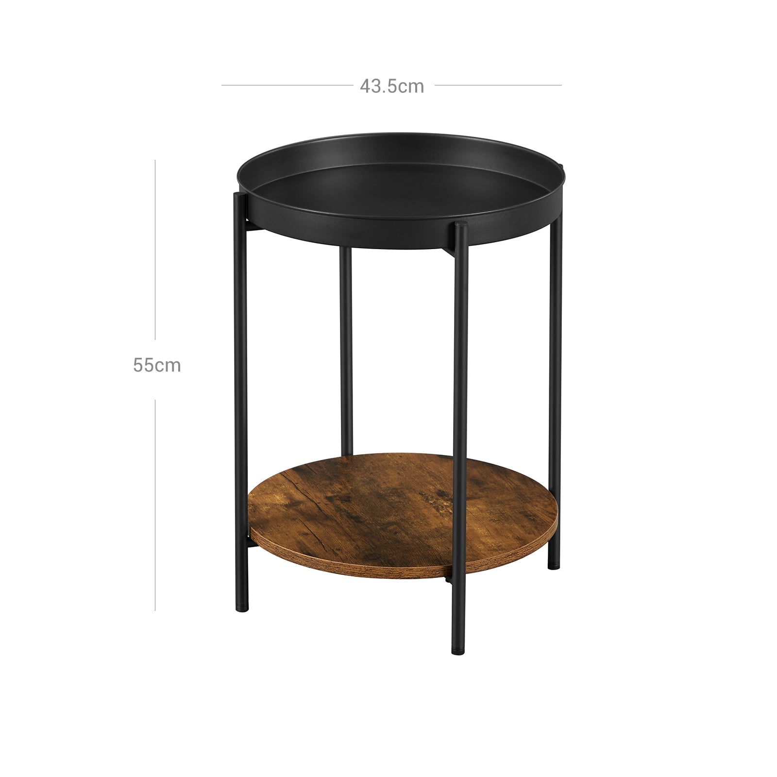 2-Tier Side Table - Steel Frame - Rustic Brown and Black - Movable Tray
