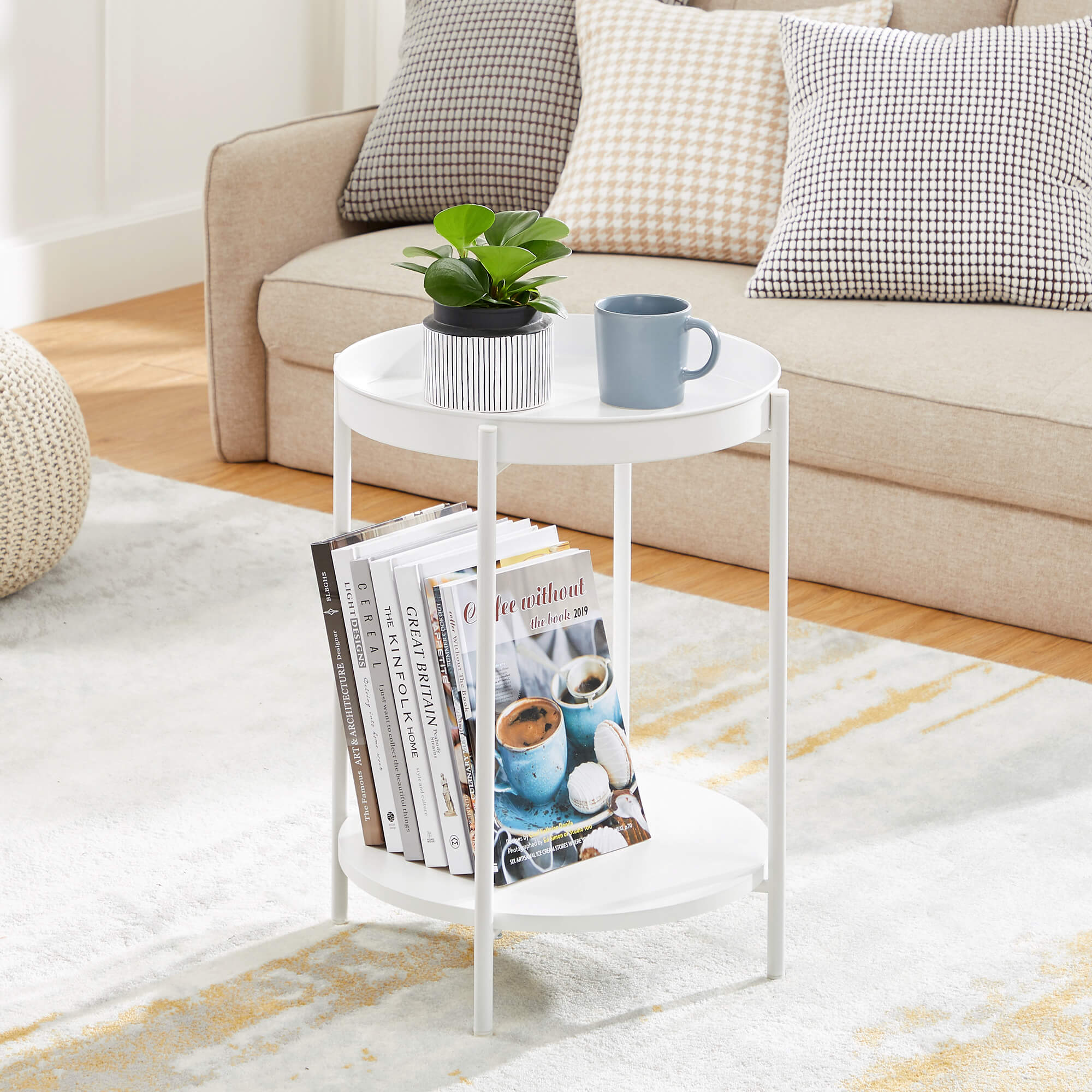 Round Side Table - Steel Frame - Rustic Brown and Black - 2-Tier Design with Movable Tray