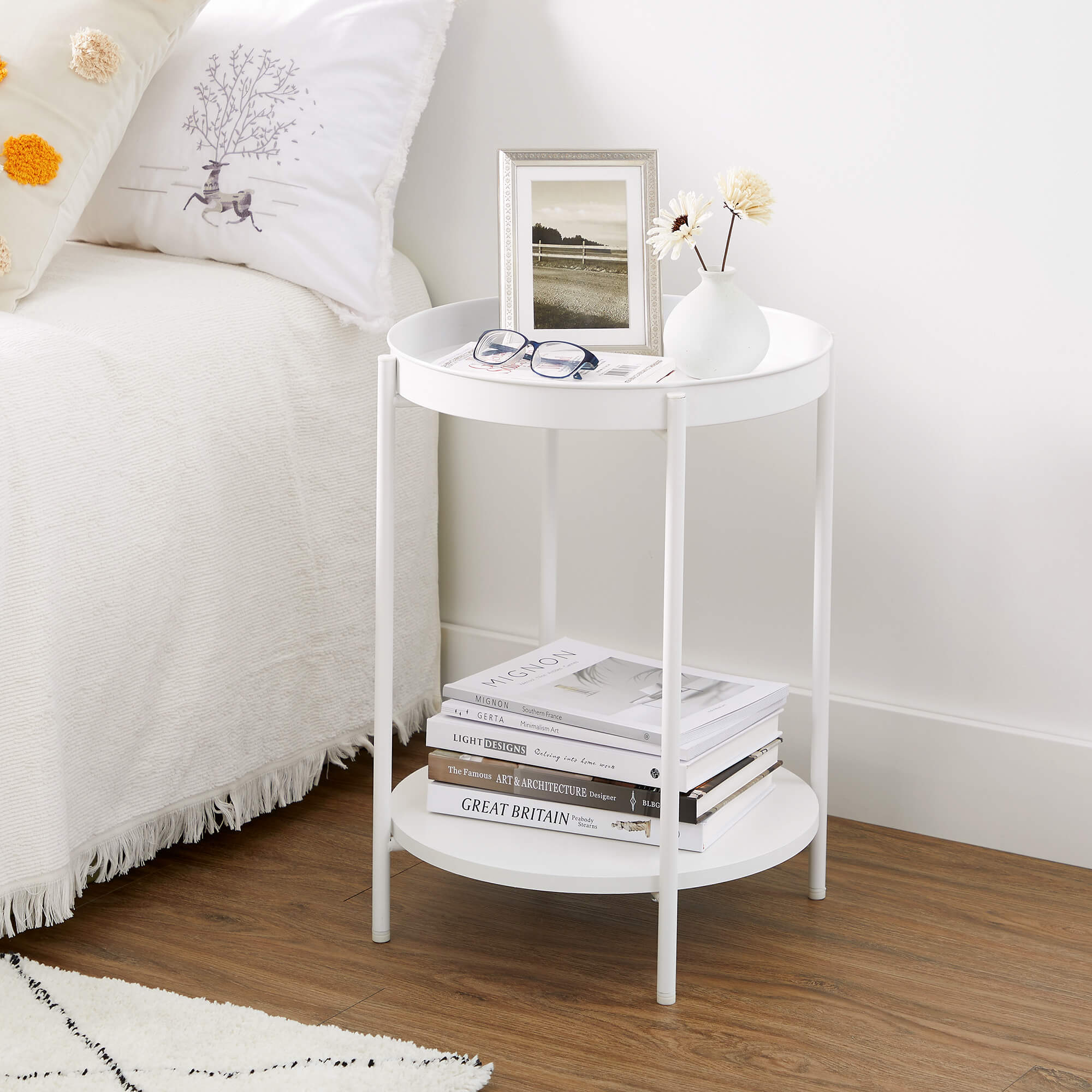 Round Side Table - Steel Frame - Rustic Brown and Black - 2-Tier Design with Movable Tray