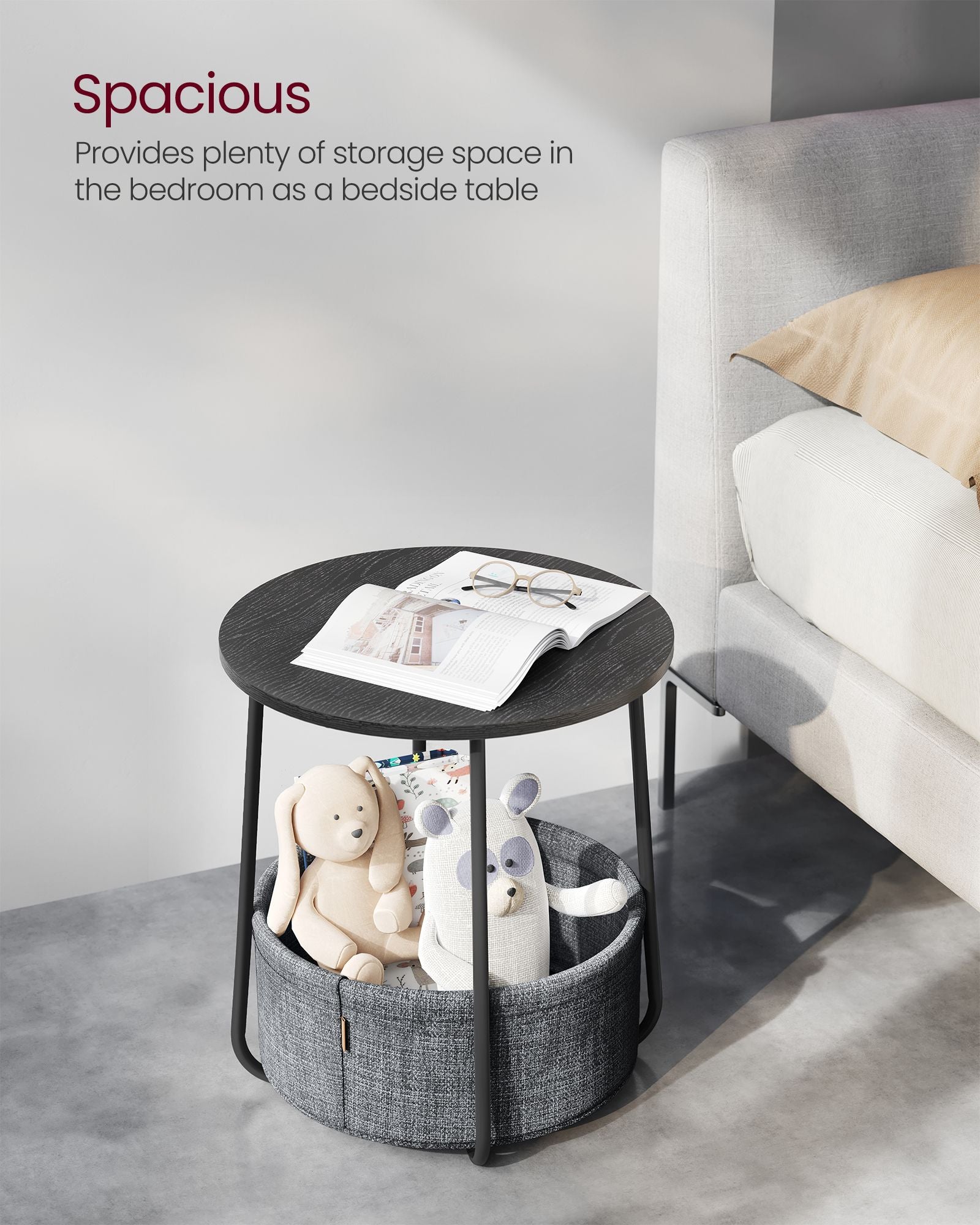 Round Side Table - Wood - Ebony Black - Spacious Design with Basket Storage