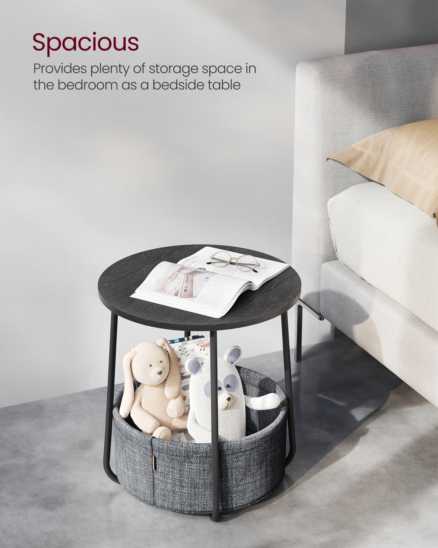 Round Side Table - Wood - Ebony Black - Spacious Design with Basket Storage