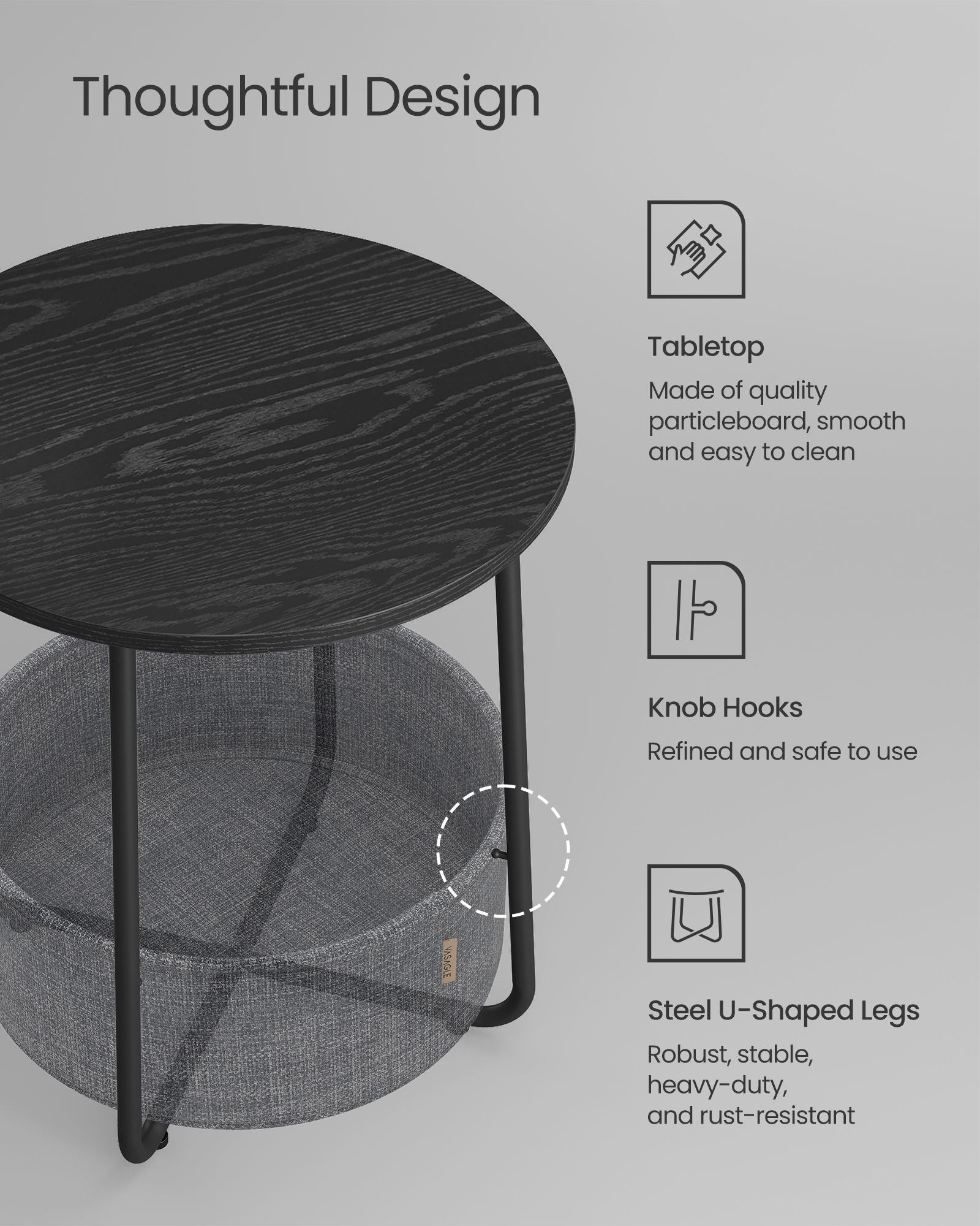 Round Side Table - Wood - Ebony Black - Spacious Design with Basket Storage