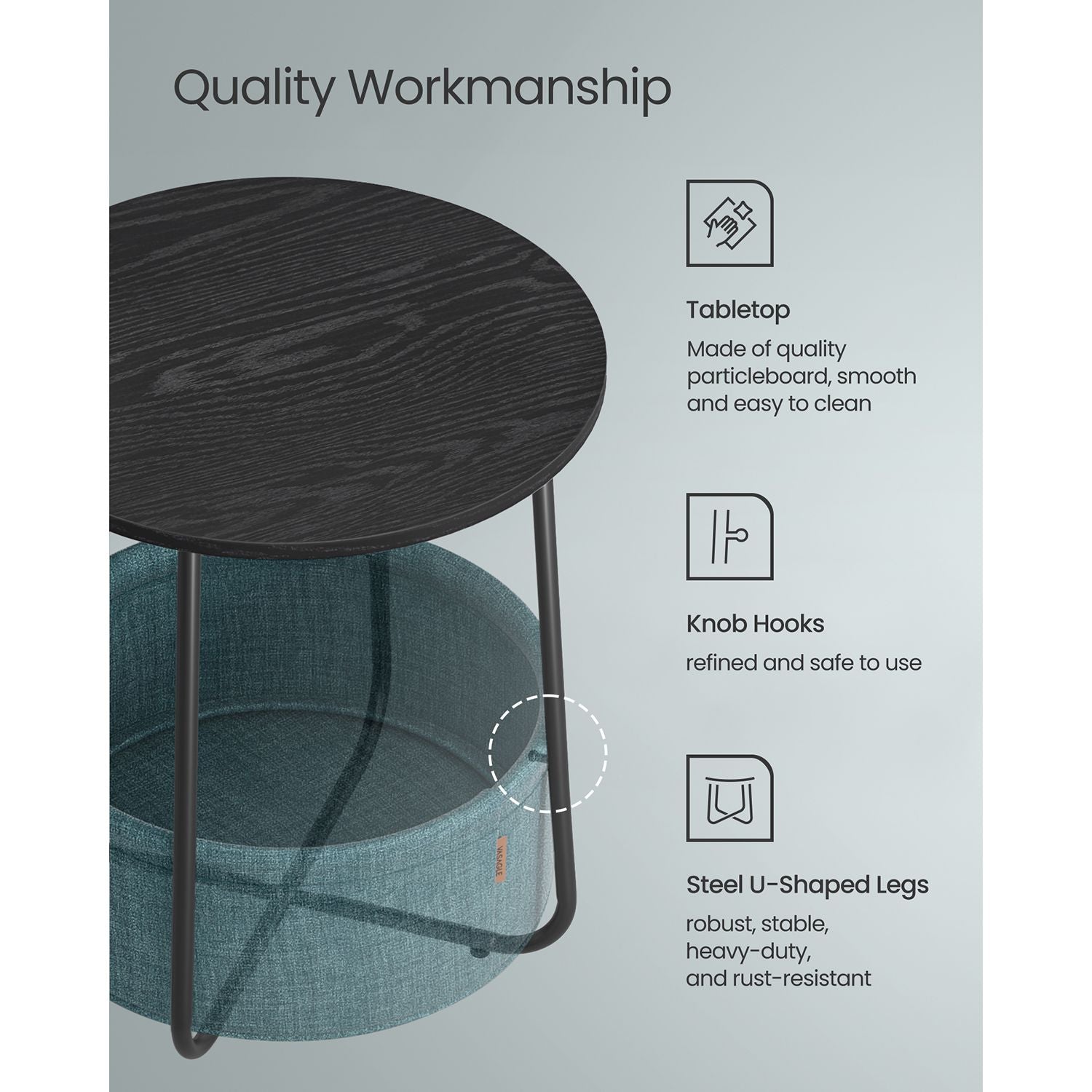 Round End Table - Wood - Black with Wood Grain and Dark Turquoise