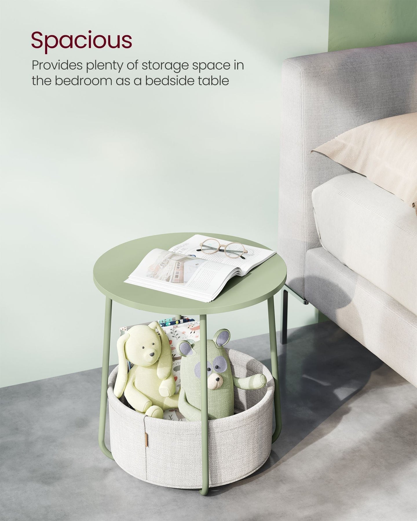 Round Side Table - Fabric - Laurel Green - Spacious with Basket
