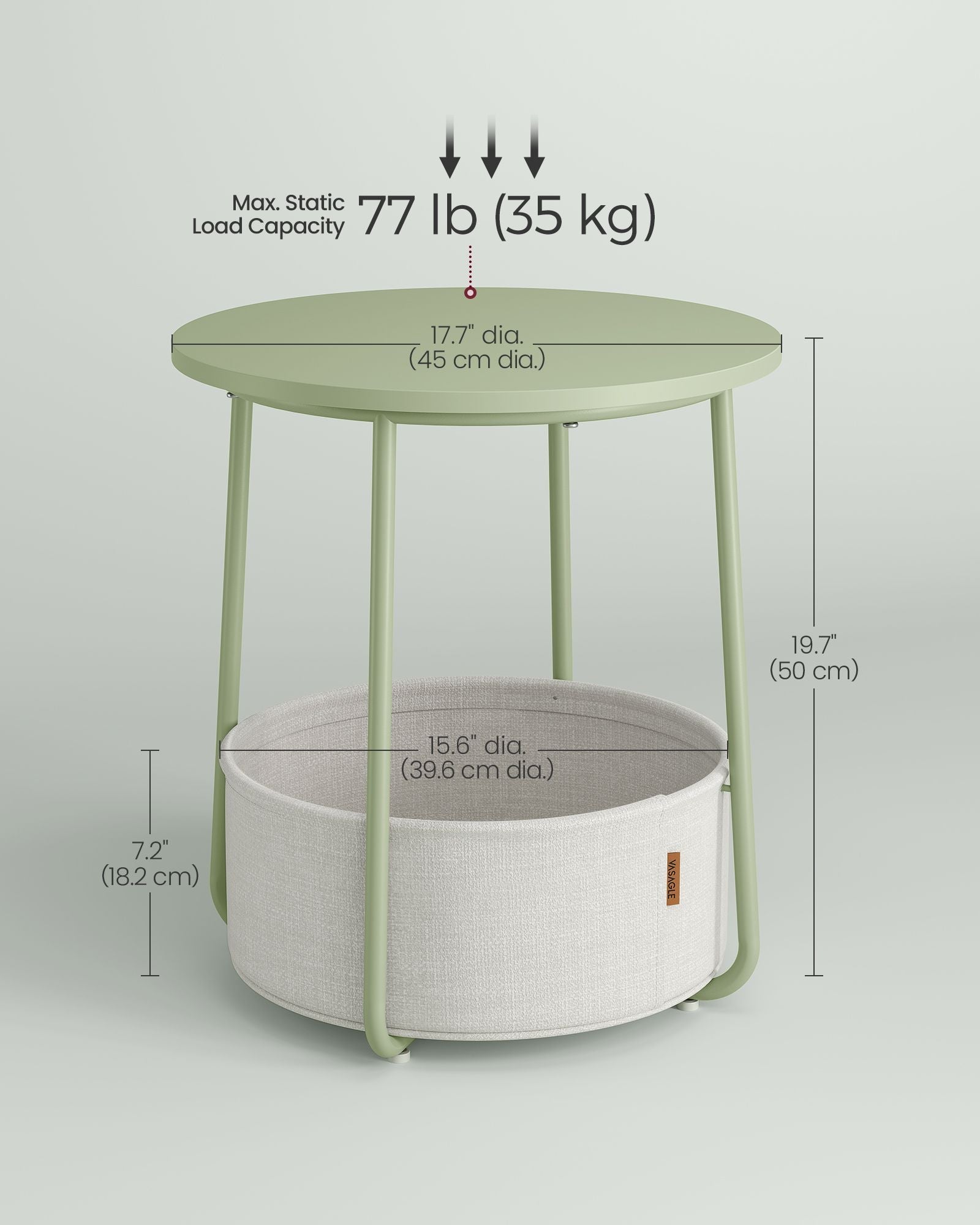 Round Side Table - Fabric - Laurel Green - Spacious with Basket