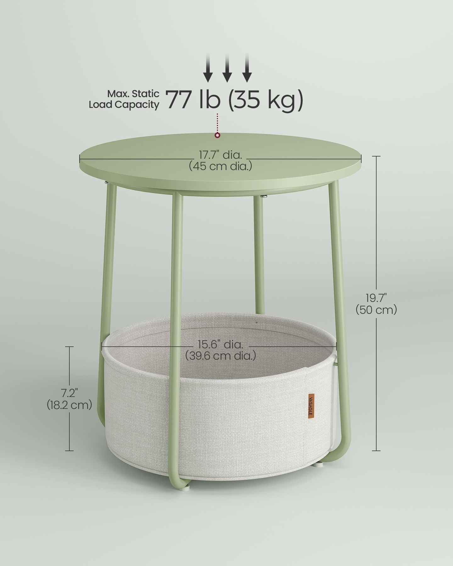 Round Side Table - Fabric - Laurel Green - Spacious with Basket