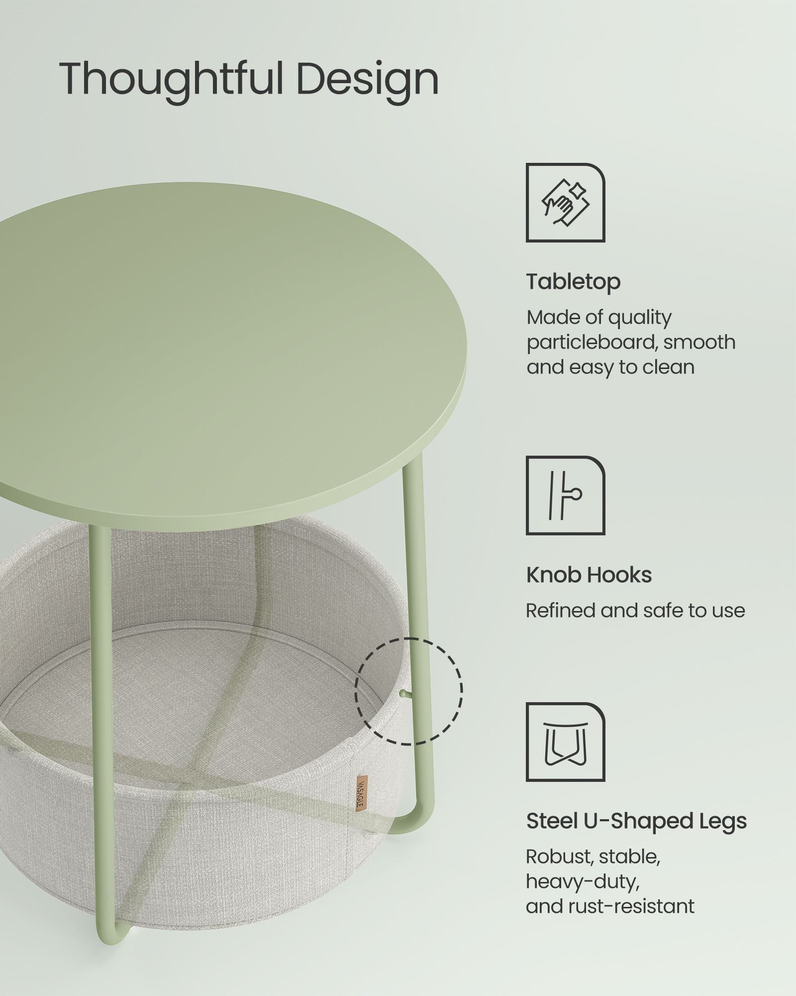 Round Side Table - Fabric - Laurel Green - Spacious with Basket
