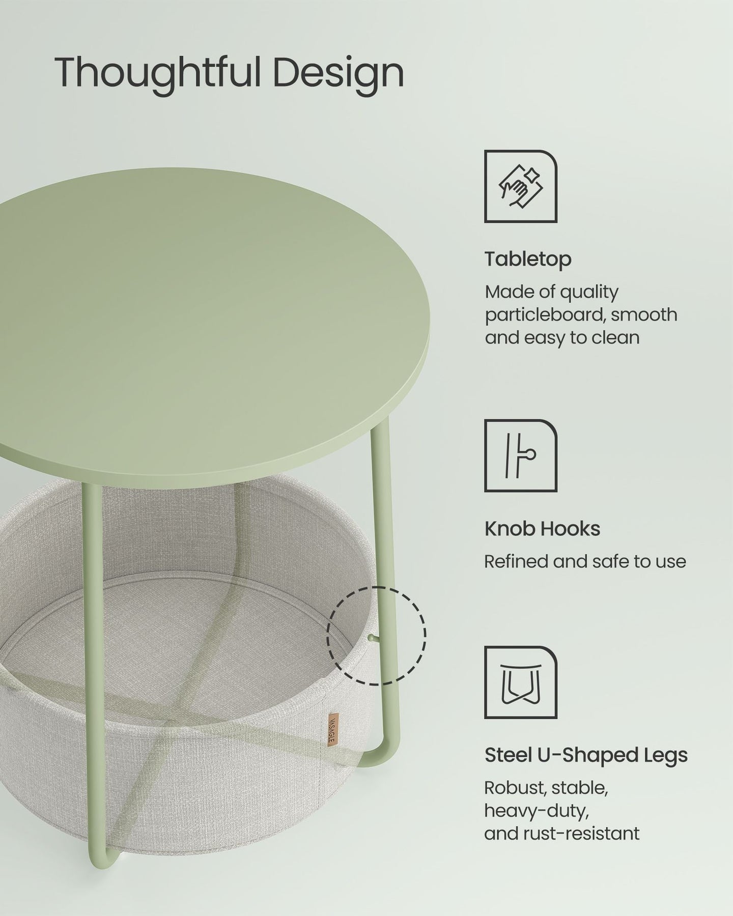 Round Side Table - Fabric - Laurel Green - Spacious with Basket