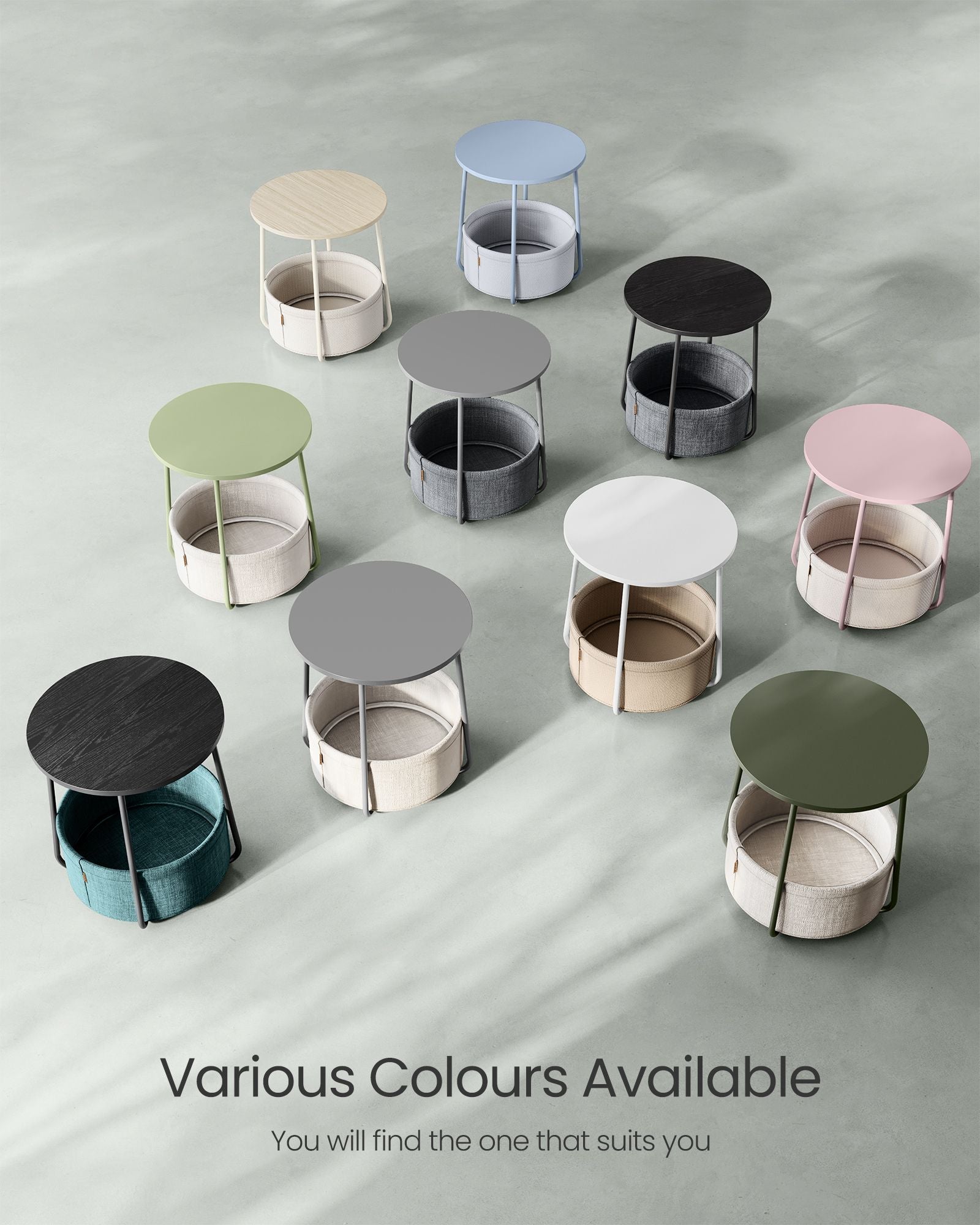 Round Side Table - Fabric - Laurel Green - Spacious with Basket