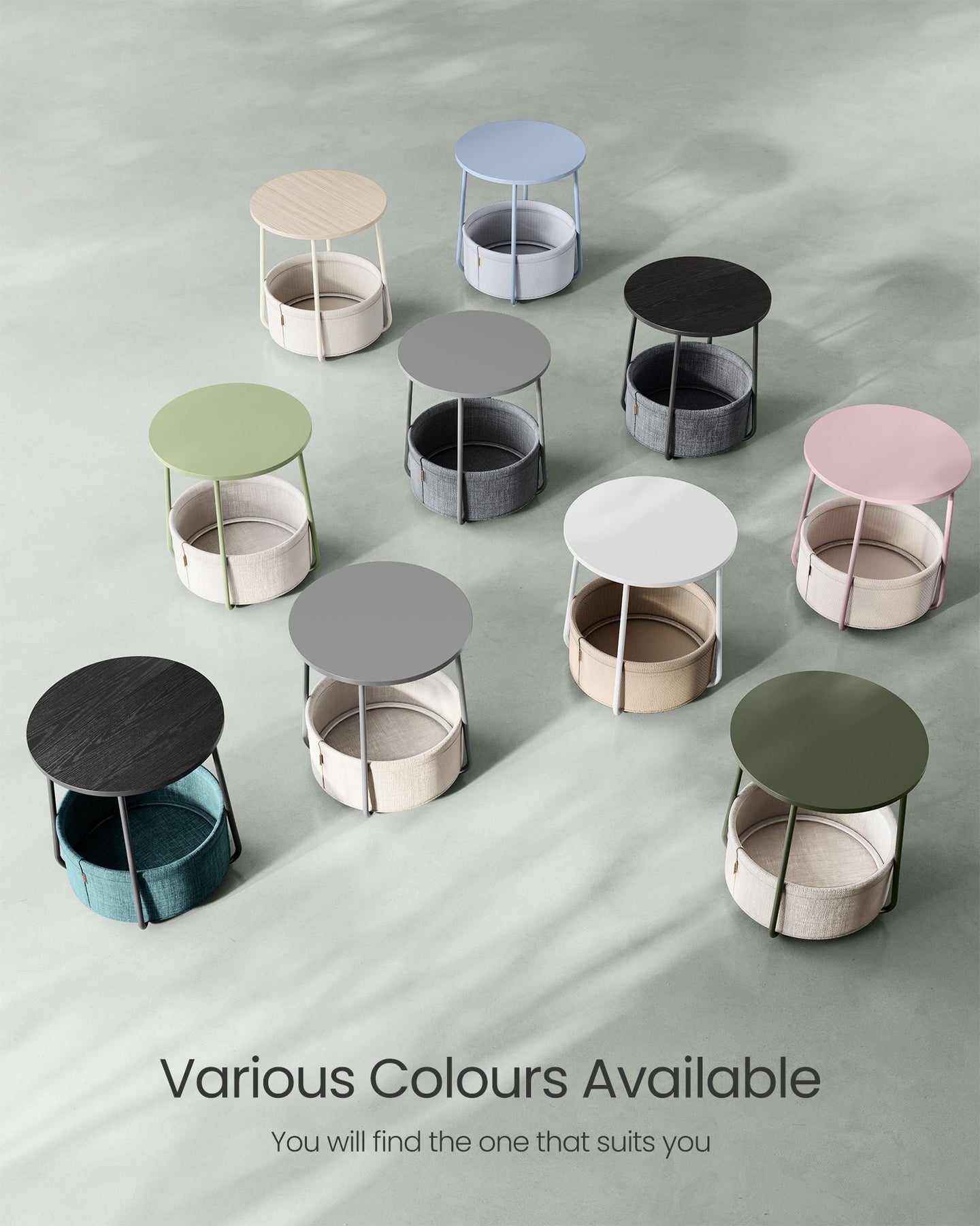 Round Side Table - Fabric - Laurel Green - Spacious with Basket