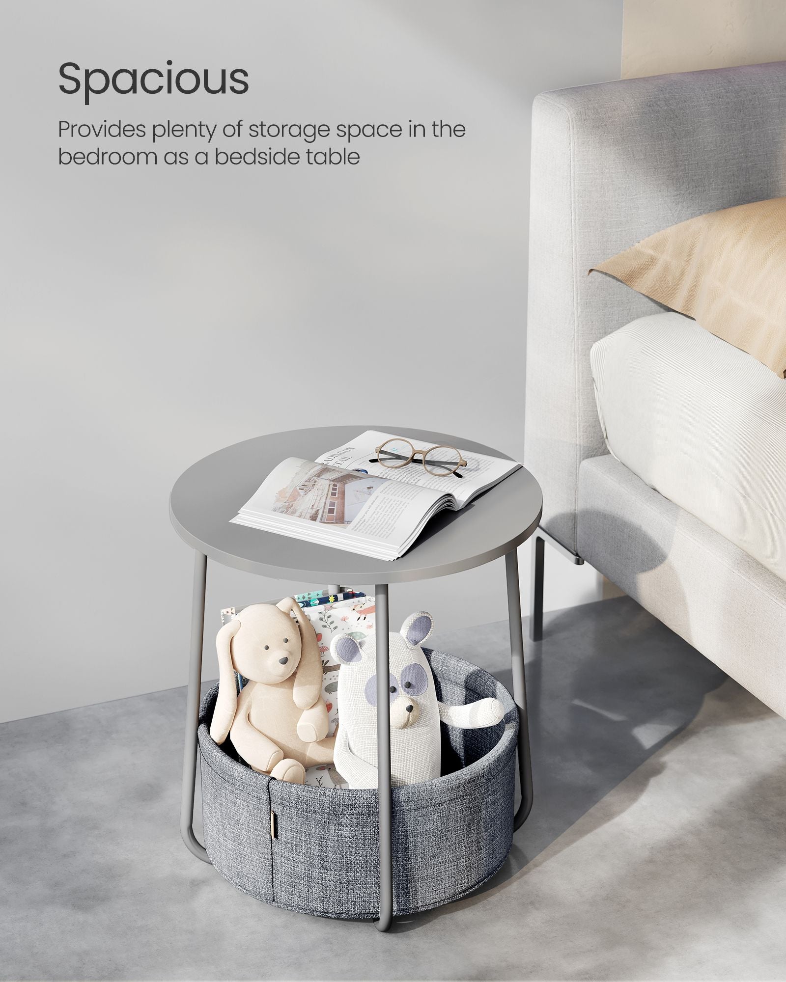 Round Side Table - Wood - Dove Grey and Slate Grey - Includes Fabric Basket