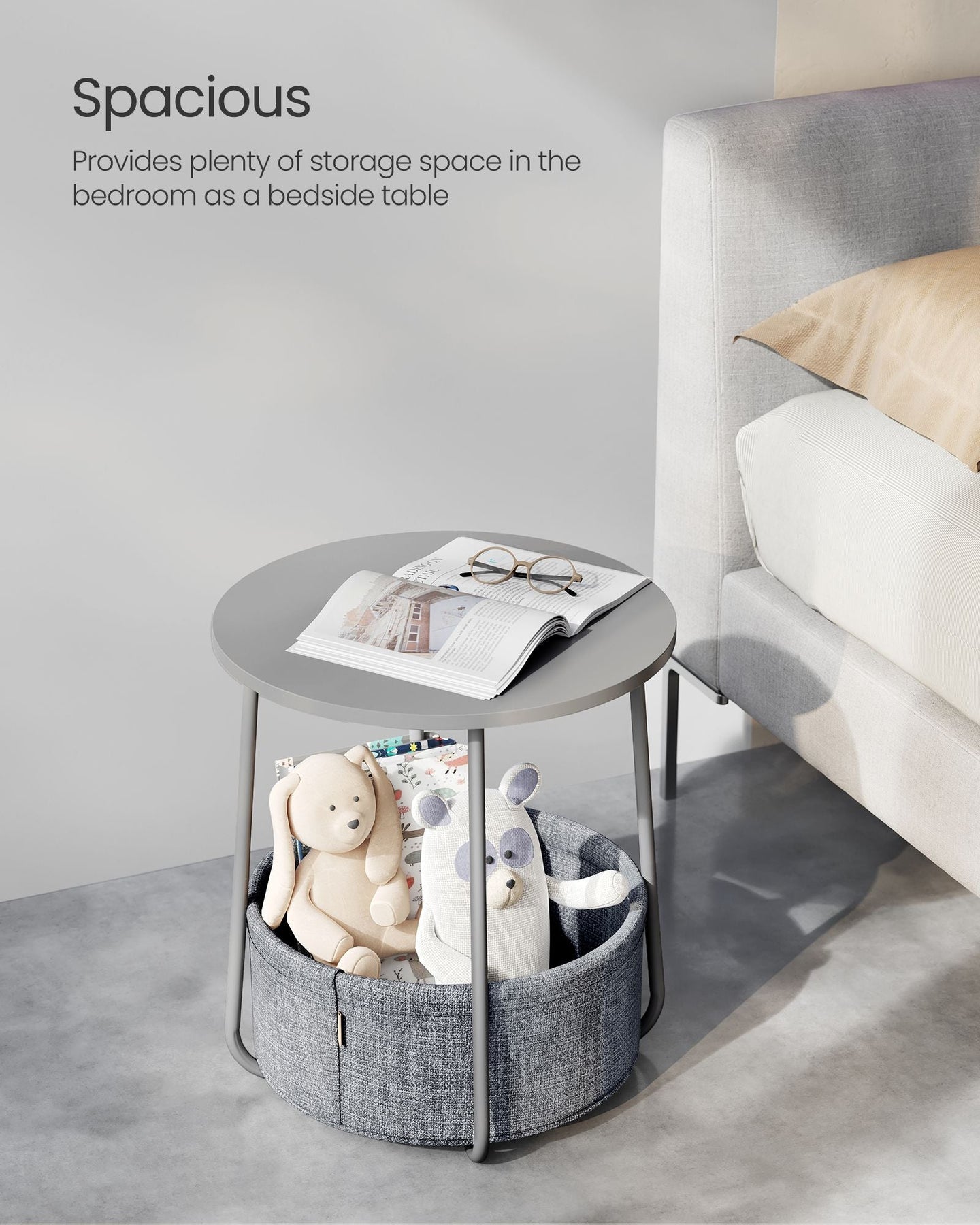 Round Side Table - Wood - Dove Grey and Slate Grey - Includes Fabric Basket