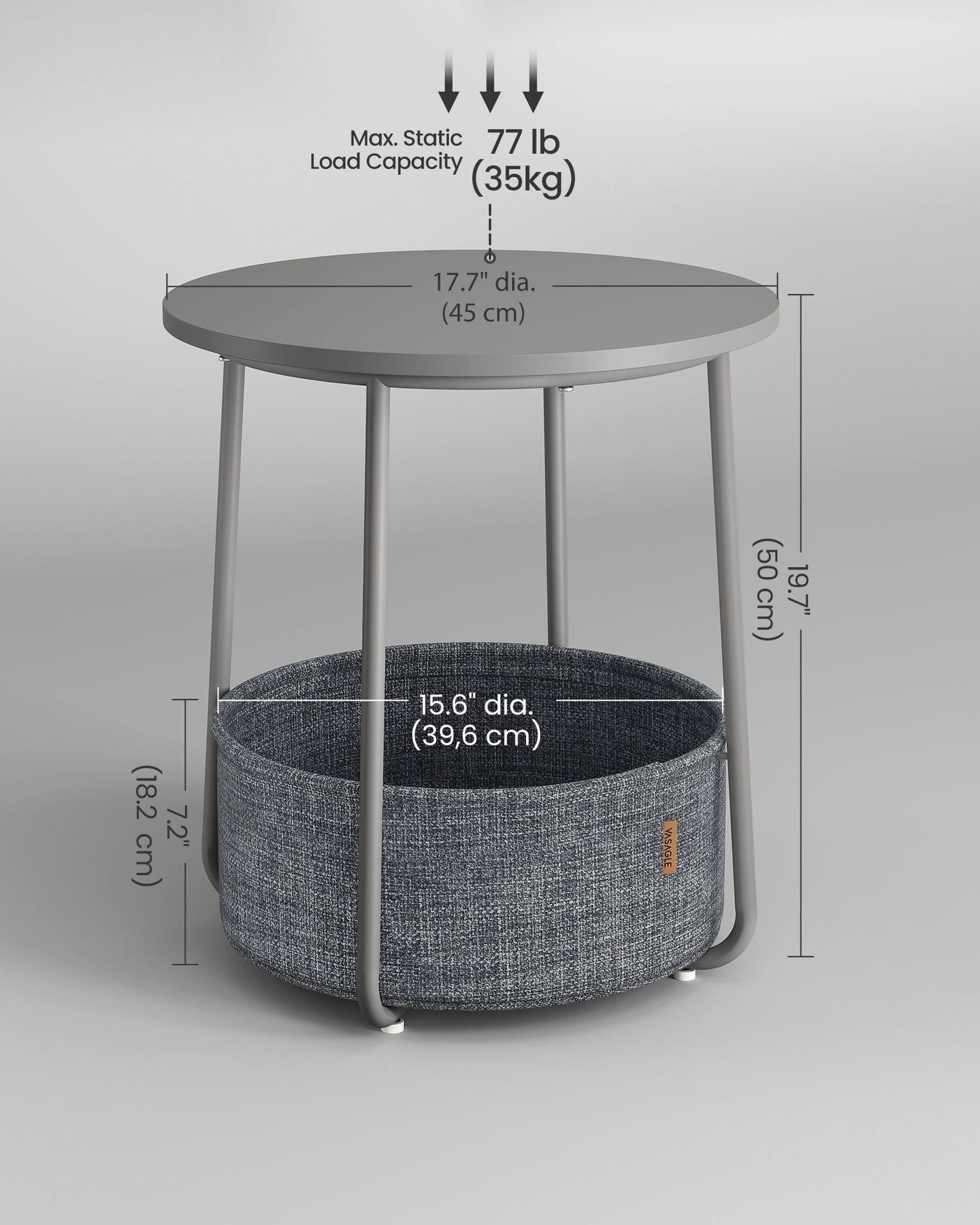 Round Side Table - Wood - Dove Grey and Slate Grey - Includes Fabric Basket