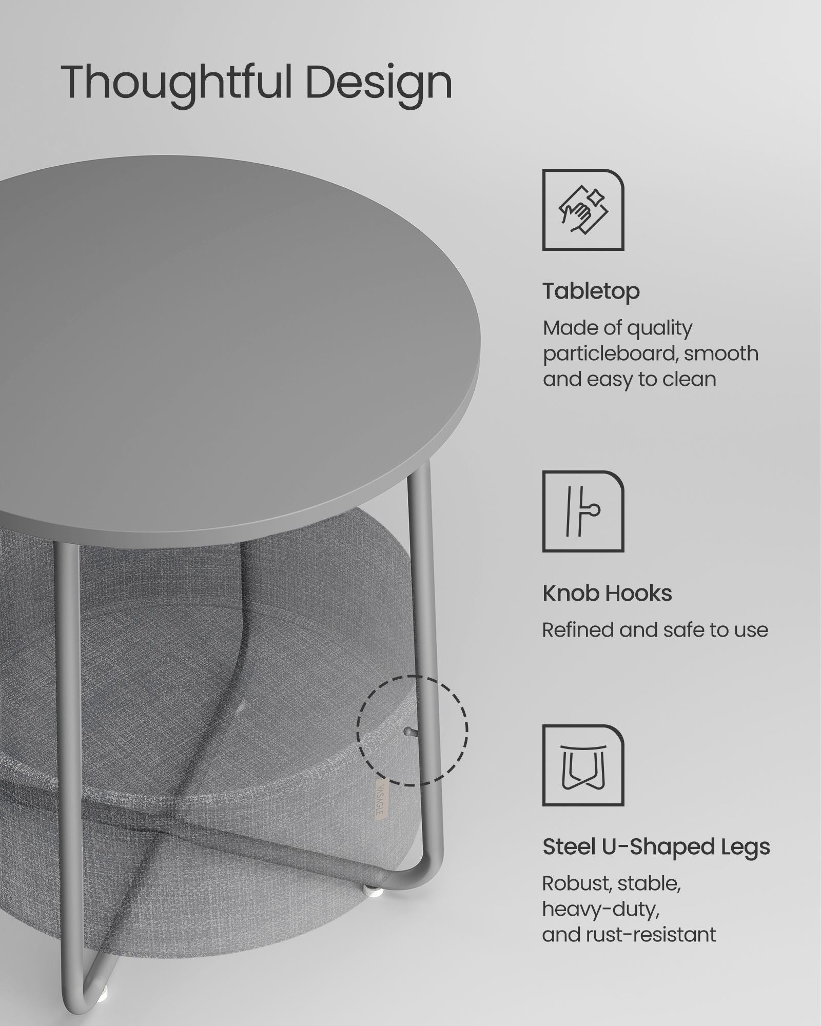 Round Side Table - Wood - Dove Grey and Slate Grey - Includes Fabric Basket