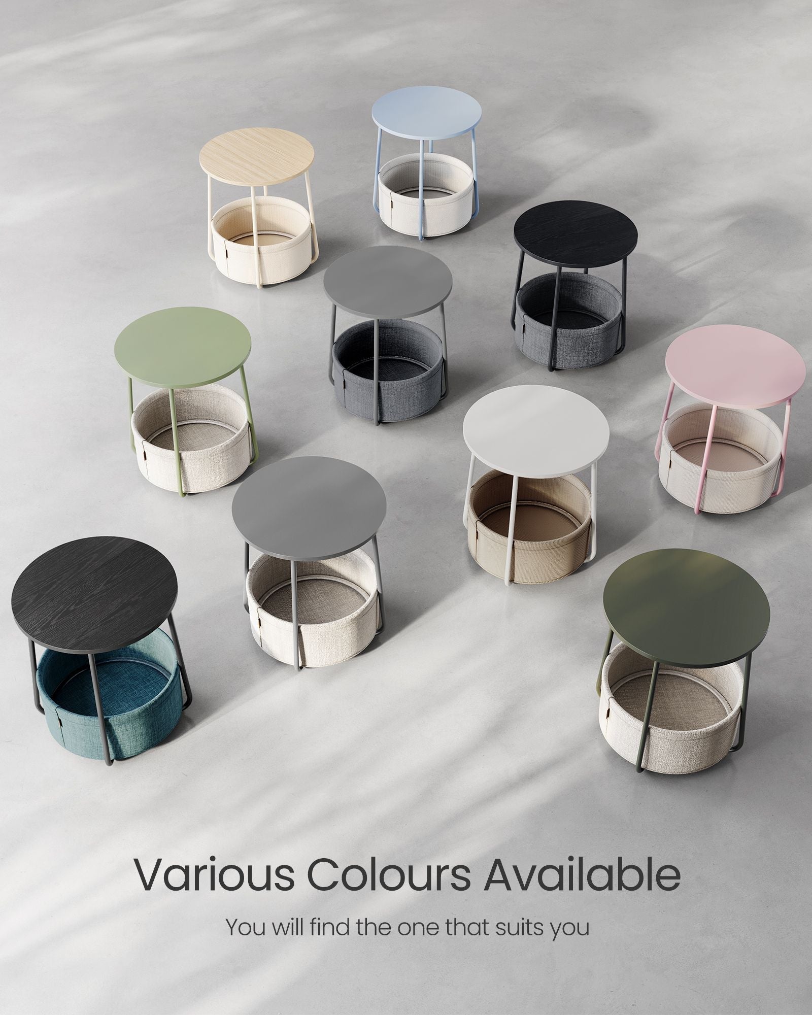 Round Side Table - Wood - Dove Grey and Slate Grey - Includes Fabric Basket