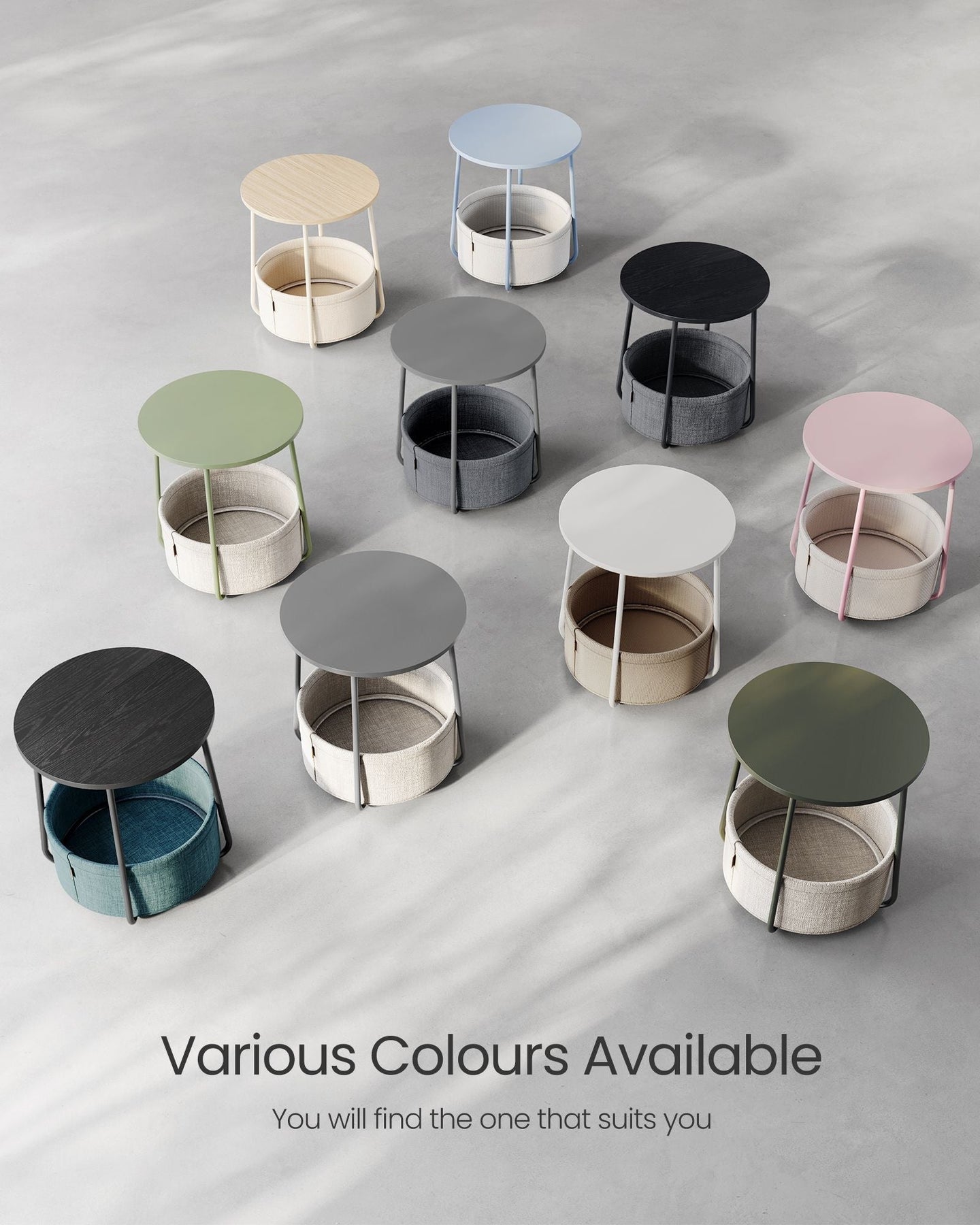 Round Side Table - Wood - Dove Grey and Slate Grey - Includes Fabric Basket