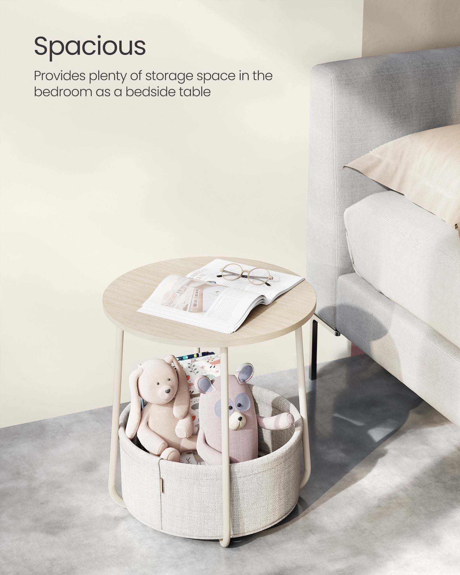 Round Side Table - Wood - Cream White - Spacious Design with Basket