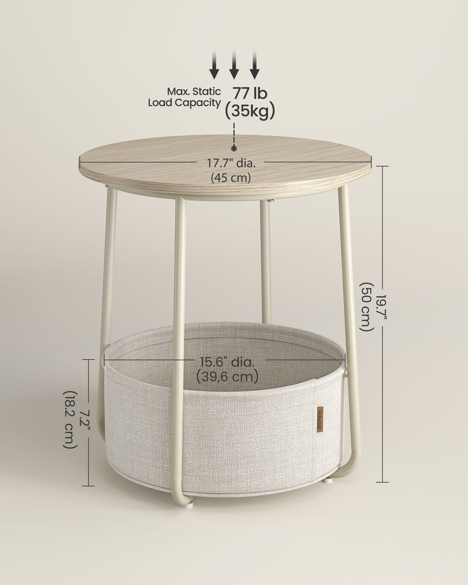 Round Side Table - Wood - Cream White - Spacious Design with Basket