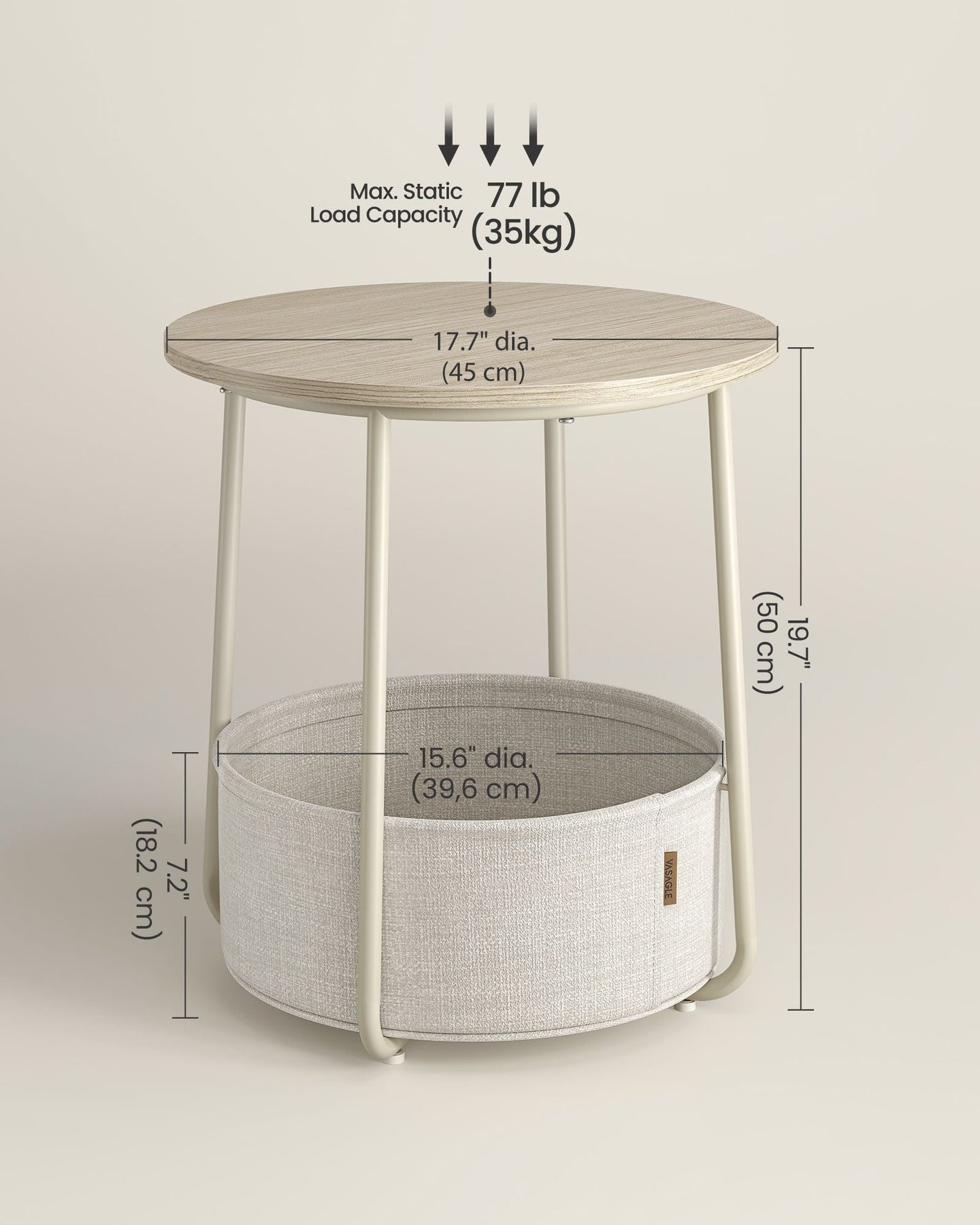 Round Side Table - Wood - Cream White - Spacious Design with Basket