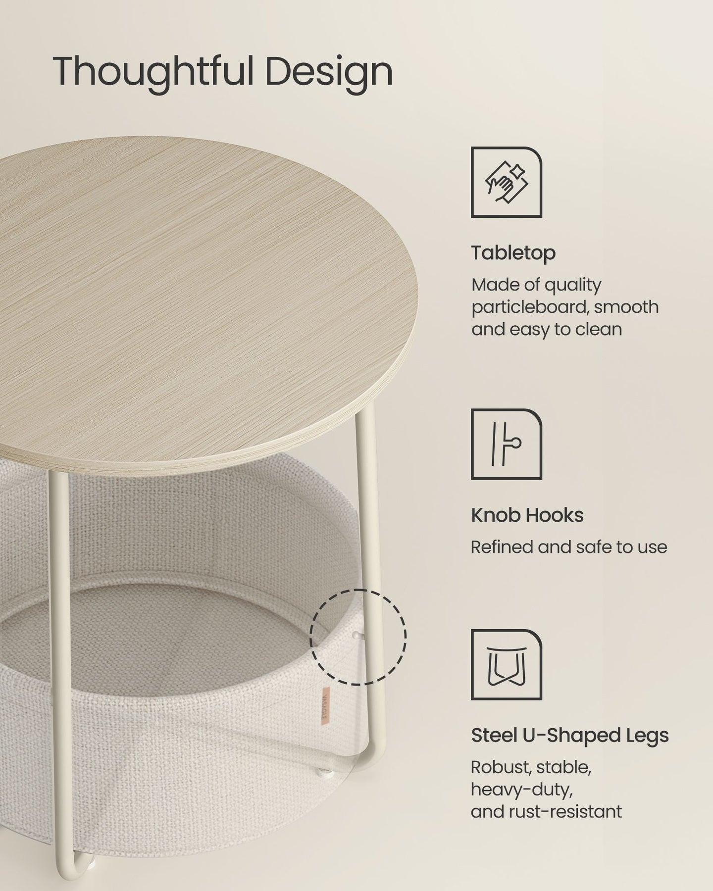 Round Side Table - Wood - Cream White - Spacious Design with Basket