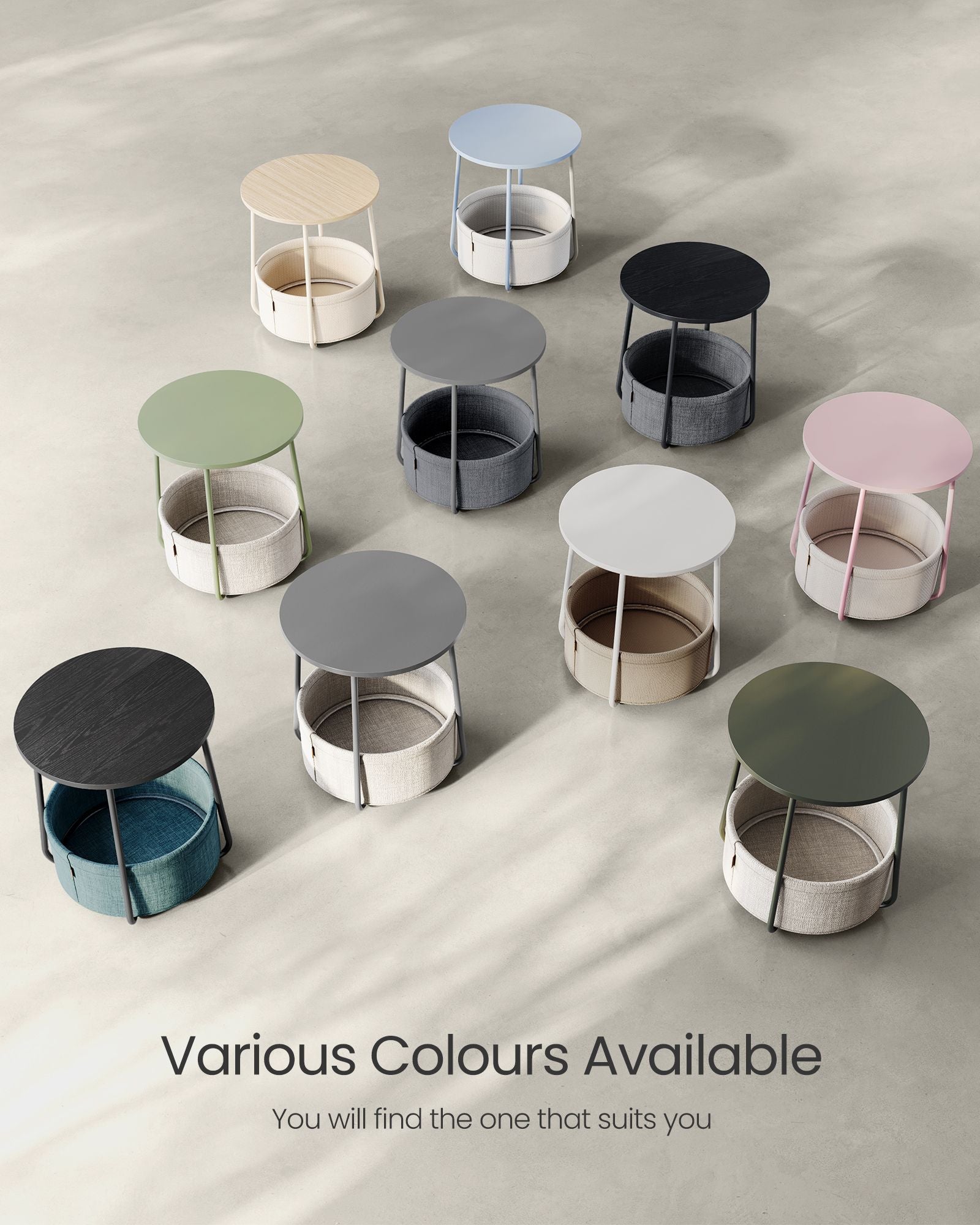 Round Side Table - Wood - Cream White - Spacious Design with Basket