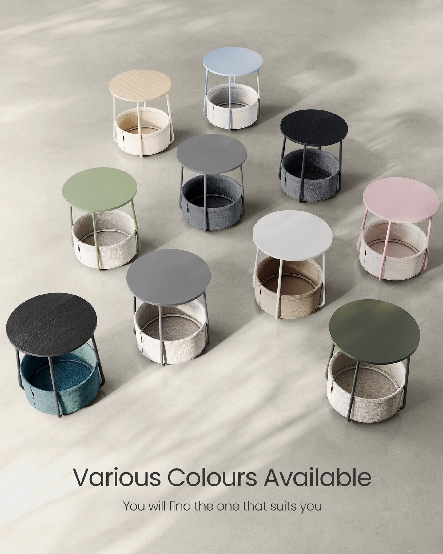 Round Side Table - Wood - Cream White - Spacious Design with Basket