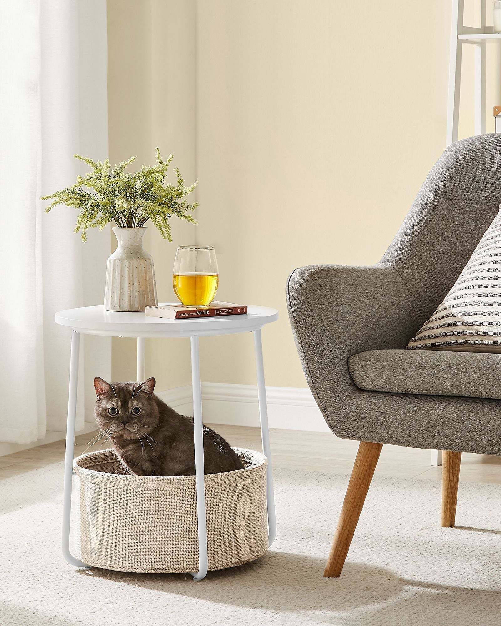 Round Side Table - Wood with Fabric Basket - Black and Dark Turquoise - Spacious