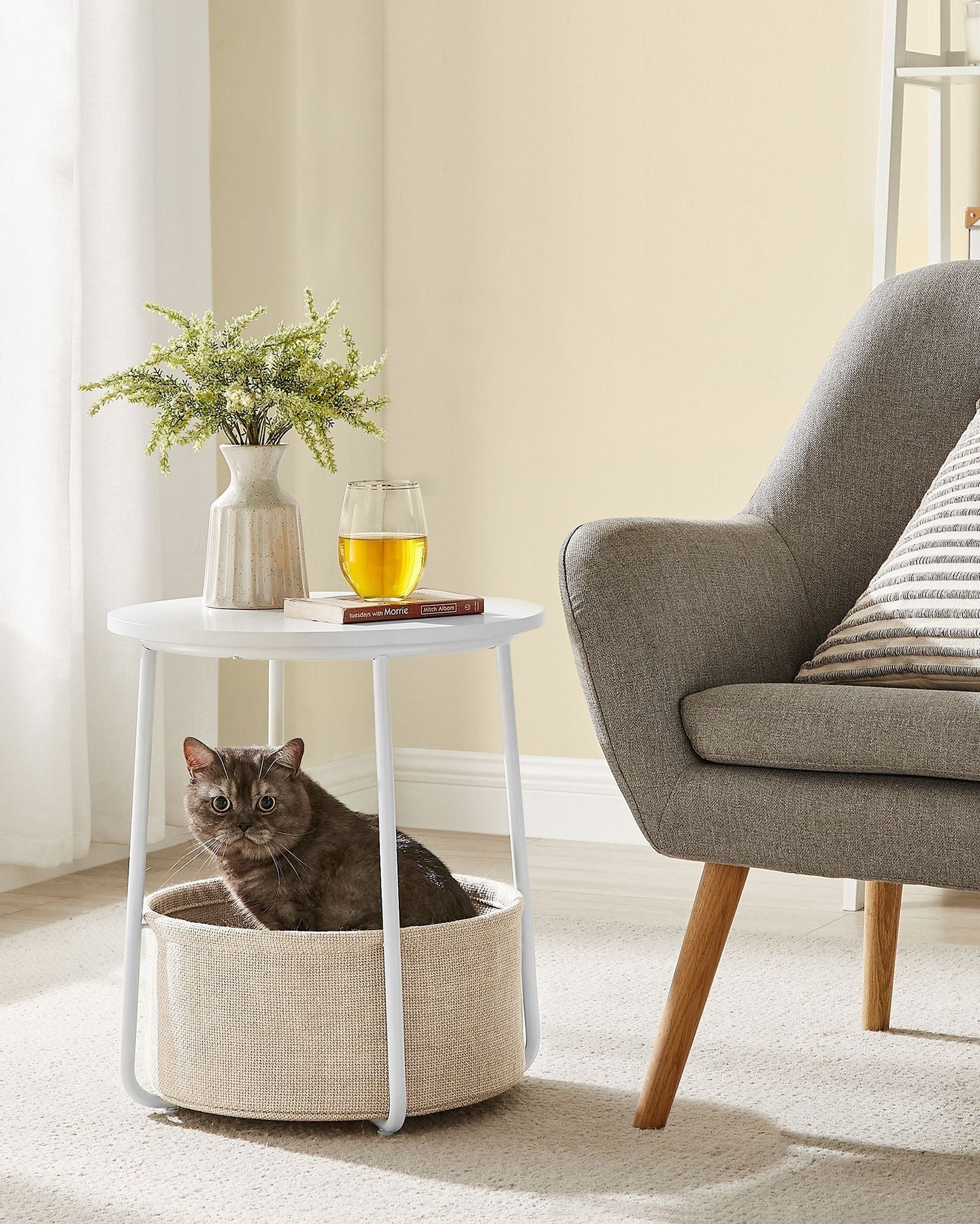 Round Side Table - Wood with Fabric Basket - Black and Dark Turquoise - Spacious