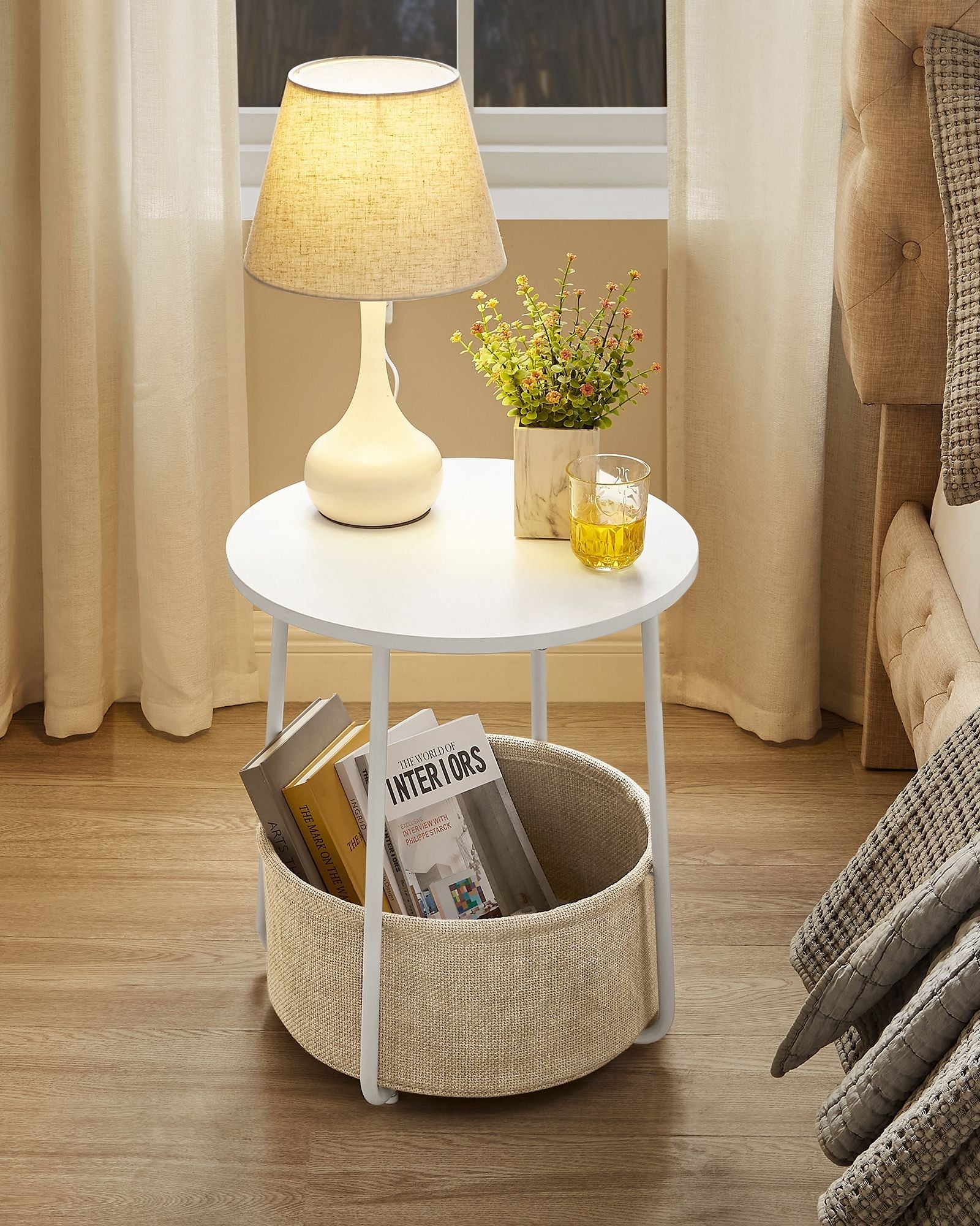 Round Side Table - Wood with Fabric Basket - Black and Dark Turquoise - Spacious