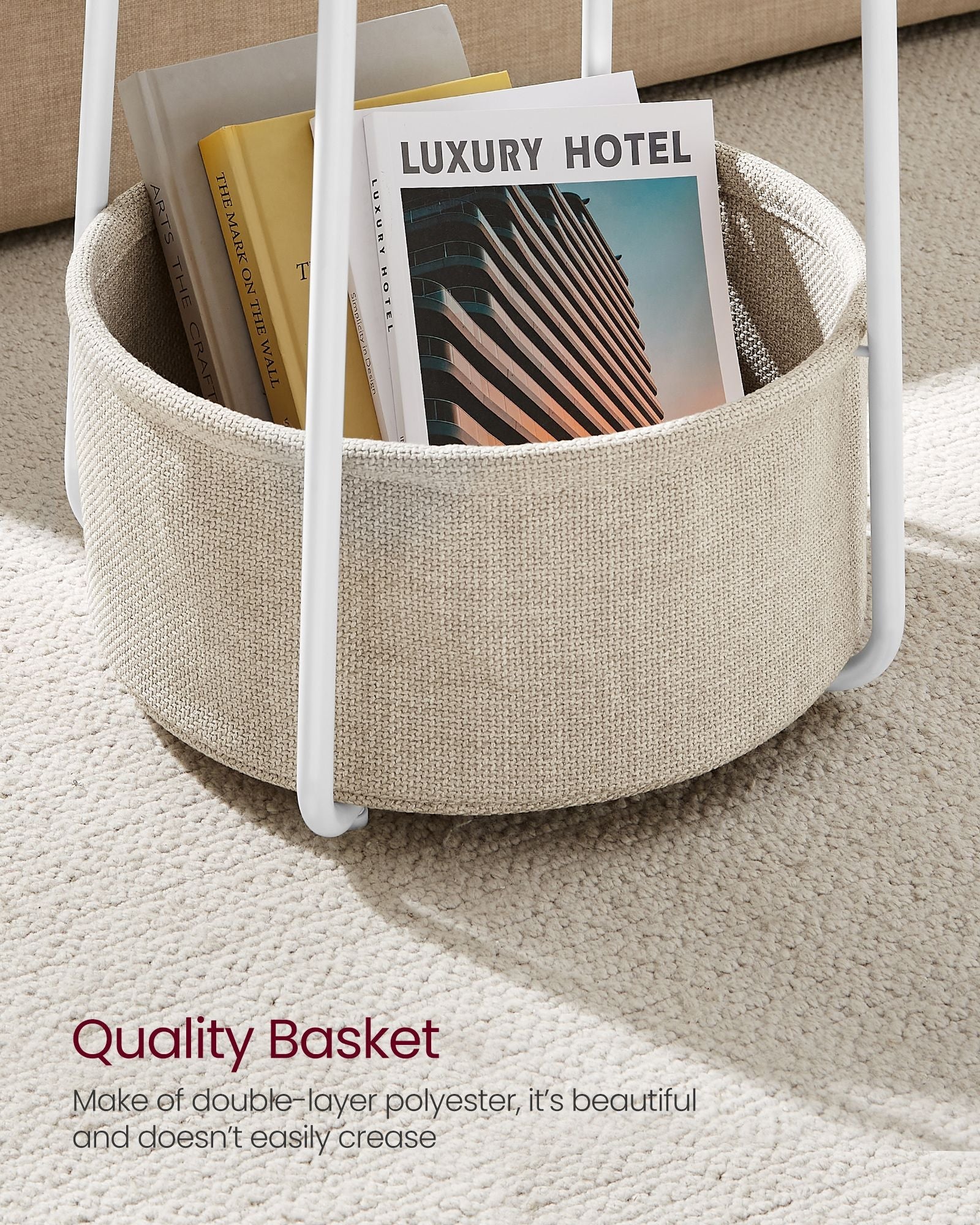 Round Side Table - Wood with Fabric Basket - Black and Dark Turquoise - Spacious